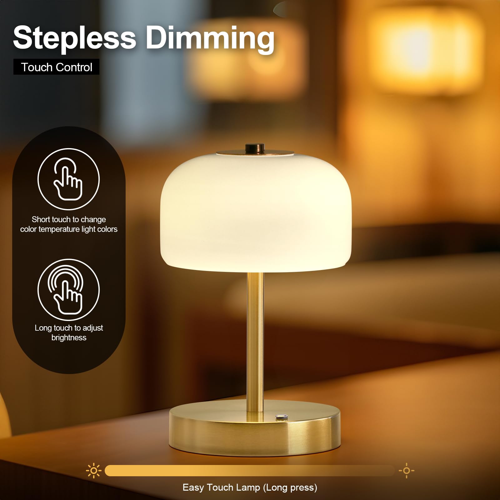 Cordless Table Lamp Rechargeable Battery Operated Mushroom lamp Opal Glass Shade 3 Way Dimmable LED Touch Outdoor Lamp for Camping Bedroom Dining Living Room Beside Patio Restaurant,Black 