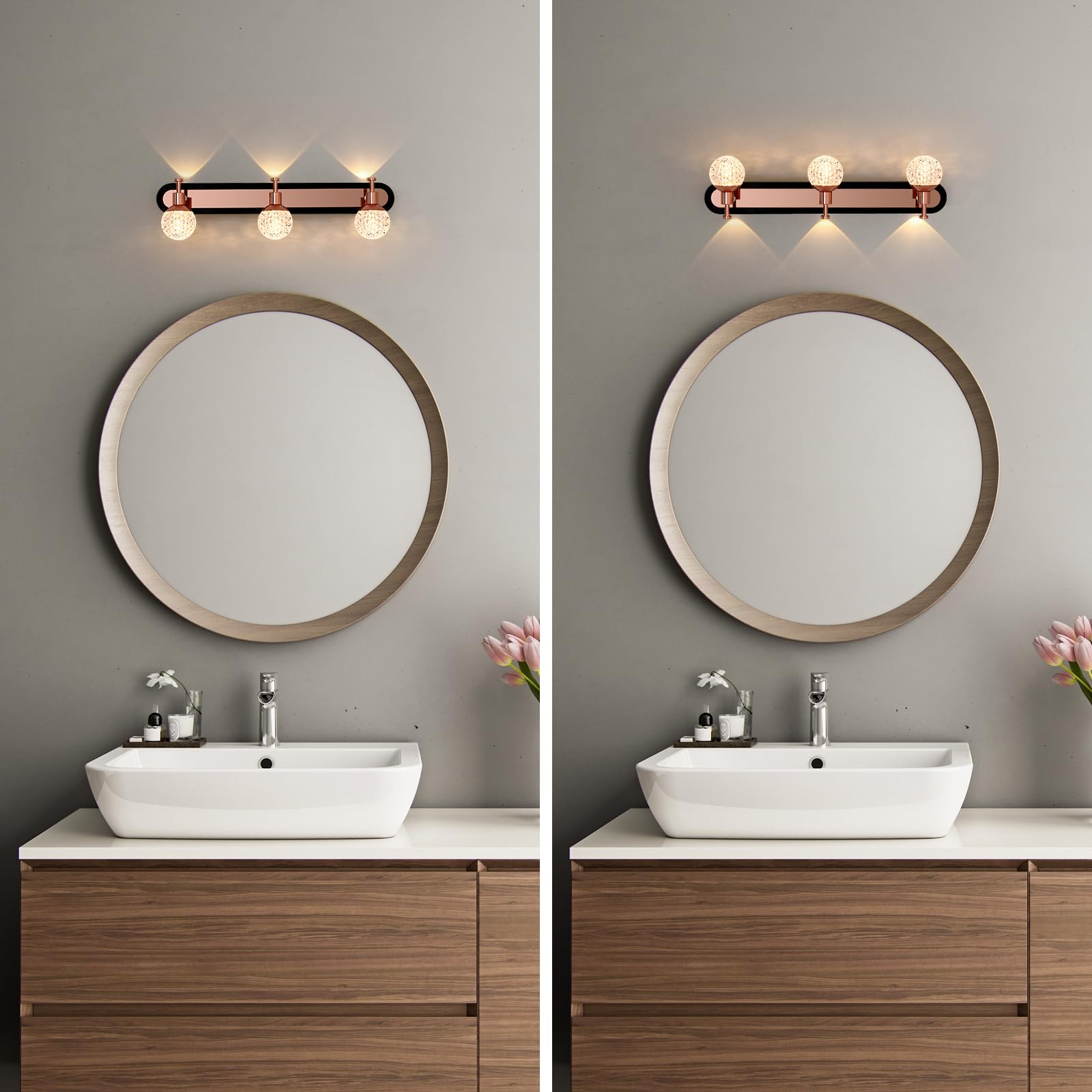 3 Lights Bathroom Vanity Light Over Mirror,Rose Gold Bathroom Light Fixtures with Warm/Neutral/White Light,Modern Vanity Light for Bathroom,Bedroom 