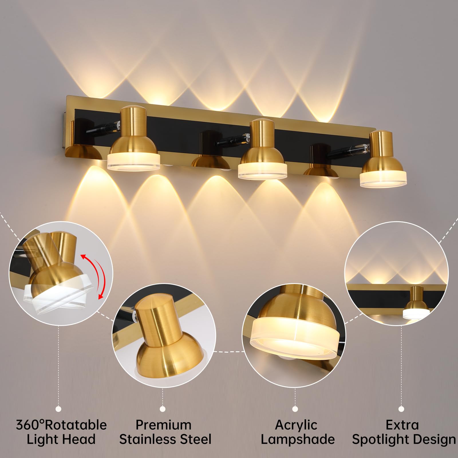 Black and Gold Bathroom Lighting Fixtures Over Mirror, Modern Vanity Lights Features 360 Rotatable Head, 3 Light Color Options Bathroom Vanity Light for Mirror, Bathroom 