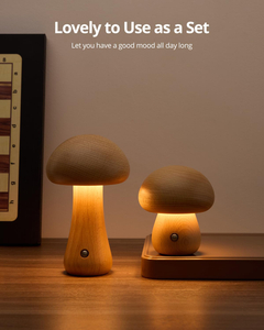 Wood Mushroom Lamp, LED Touch Bedside Mushroom Light, Portable Cordless Battery Lamp for Bedroom/Christmas