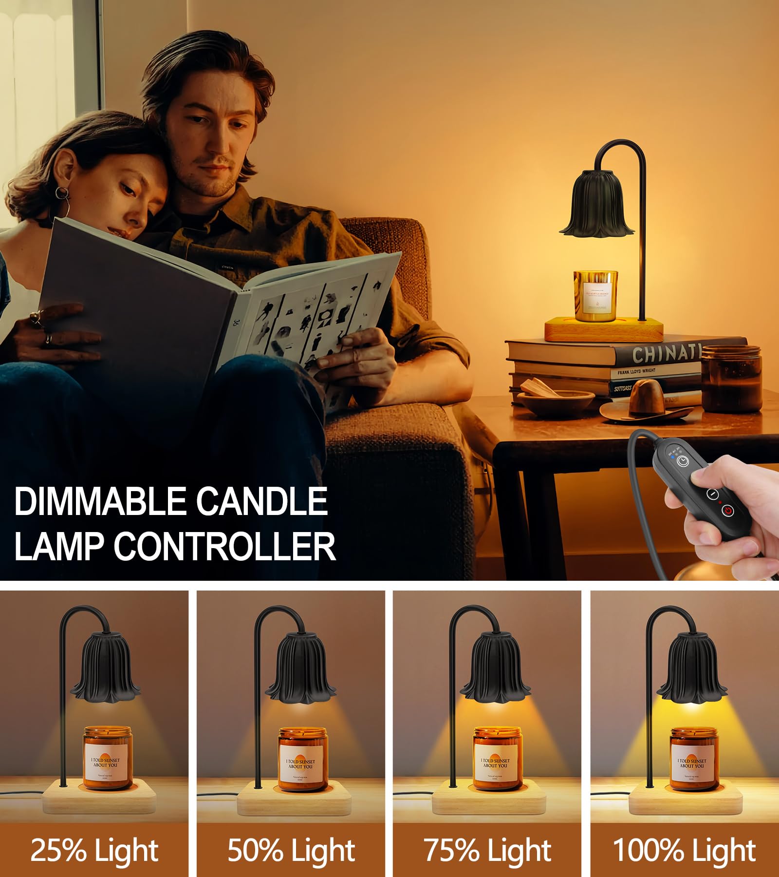 Candle Warmer Lamp, Dimmable Candle Warmer with 2 Bulbs, 2H/4H/8H Timer Candle Lamp Heater for Home Scented Large Small Jar Candles (Black) (Black Flower) 