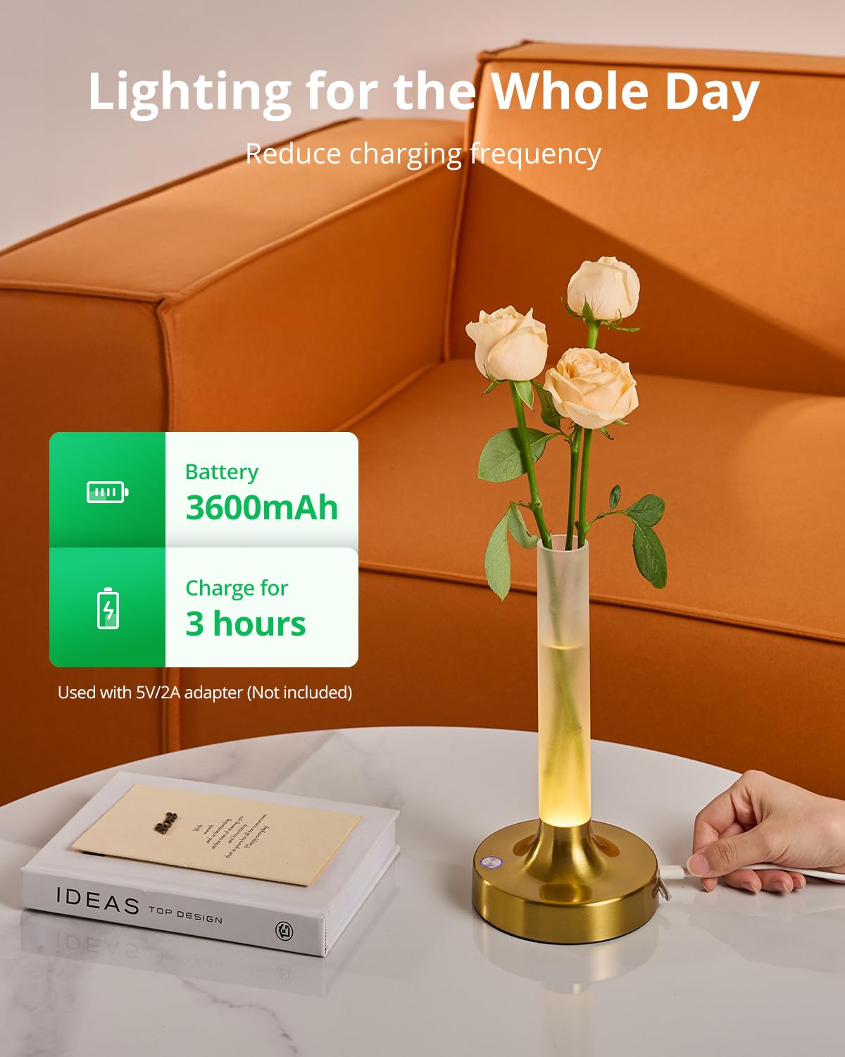 Gold Flower Lamp, Rechargeable Cordless Dining Table Lamp, 2 Color Stepless Dimming Touch Lamp, Battery Vase Lamp for Home/Dinner (Flower Not Included) 