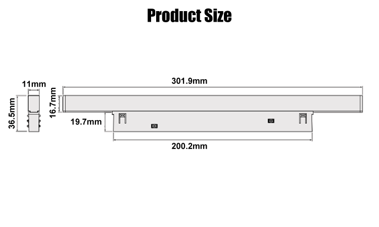 4. Product size line drawing 18W Modern LED magnetic attraction lamp L299W11H36.6mm,IP20 indoor lighting 3000K 4000K 6000K optional, 3-year warranty aluminum +PC material