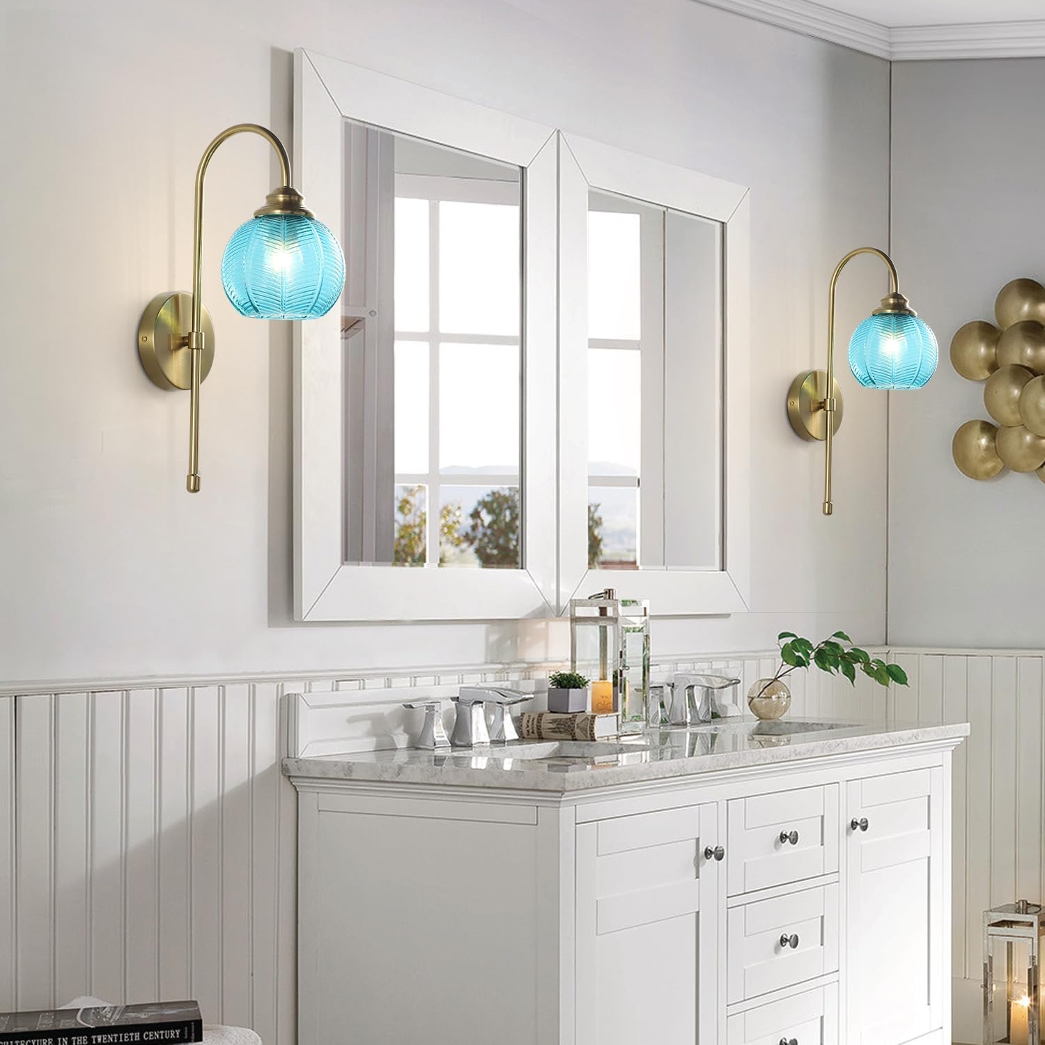 Glass Wall Sconce Mid Century Vintage Wall Lamp Modern Globe Bathroom Sconces Wall Lighting Brass Gold Wall Sconces Long Thin Wall Sconce Bedroom Bedside Wall Lamp