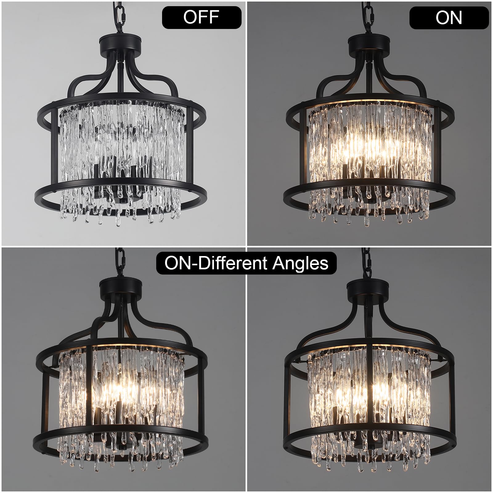 Crystal Chandelier 4Lights, Small Black and Crystal Pendant Light Fixture 12.59Inches, Modern Hanging Lighting Crystal Mini Chandeliers Gorgeous for Hallway Entryway Bedroom E12 