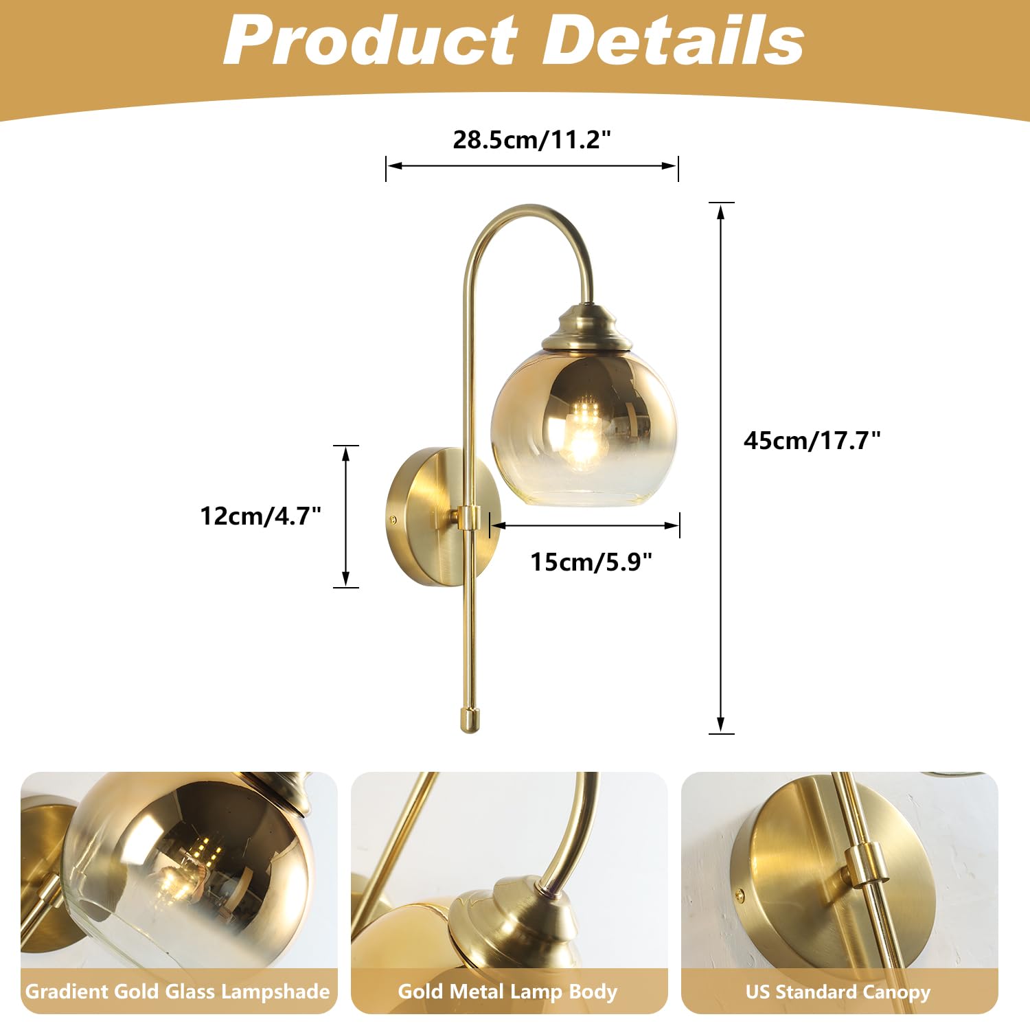  Brass Wall Sconces Vintage Rose Gold Armed Sconce Mid Century Modern Long Sconces Wall Lighting Indoor Large Glass Globe Wall Sconce Bathroom Vanity Wall Light for Bedroom 