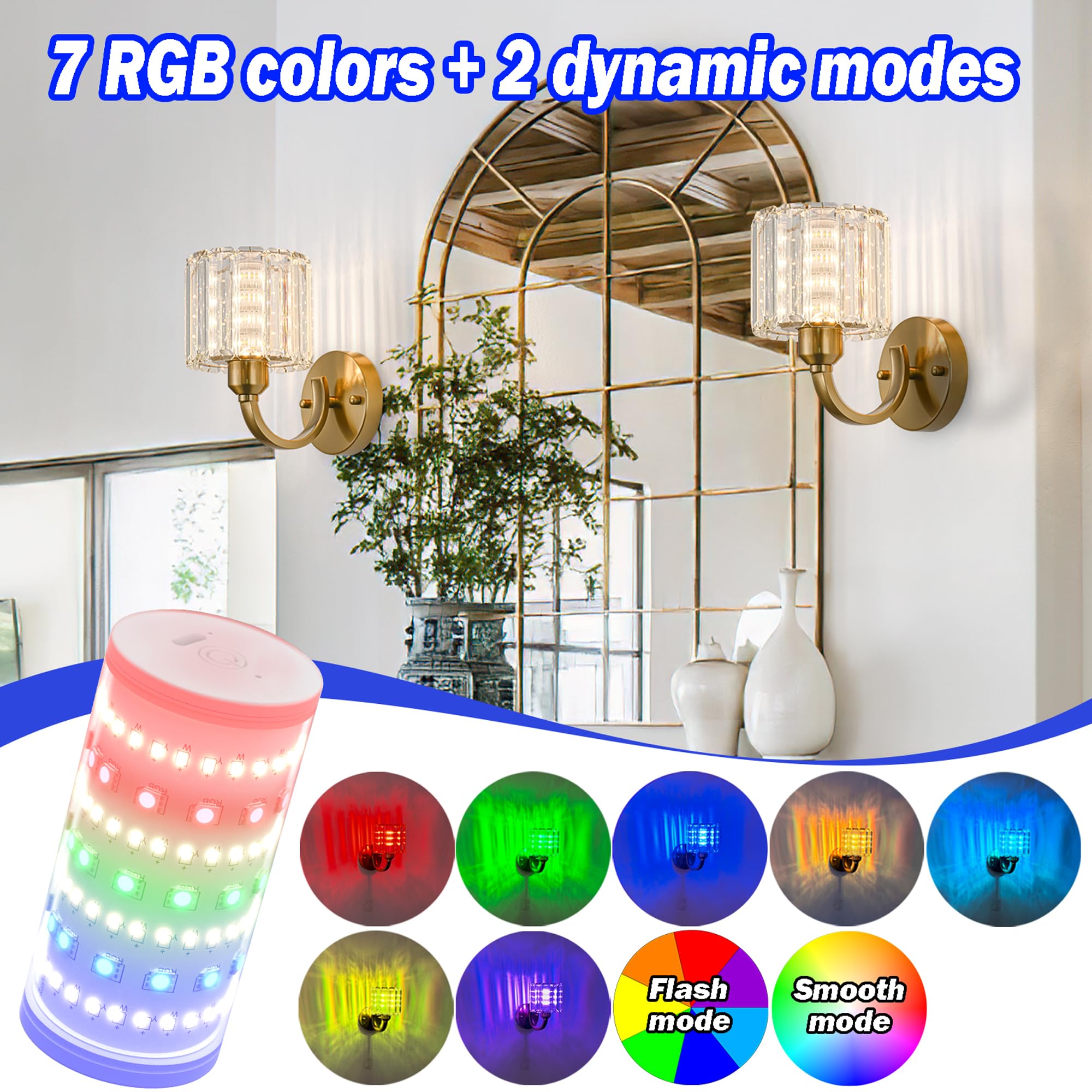 Wall Sconces Battery Operated Wall Lights Set Of Two, Wireless Rechargeable Wall Sconces With 10000mAh RGB Light Bulb, Crystal Wall Sconce With Remote Control For Bedroom