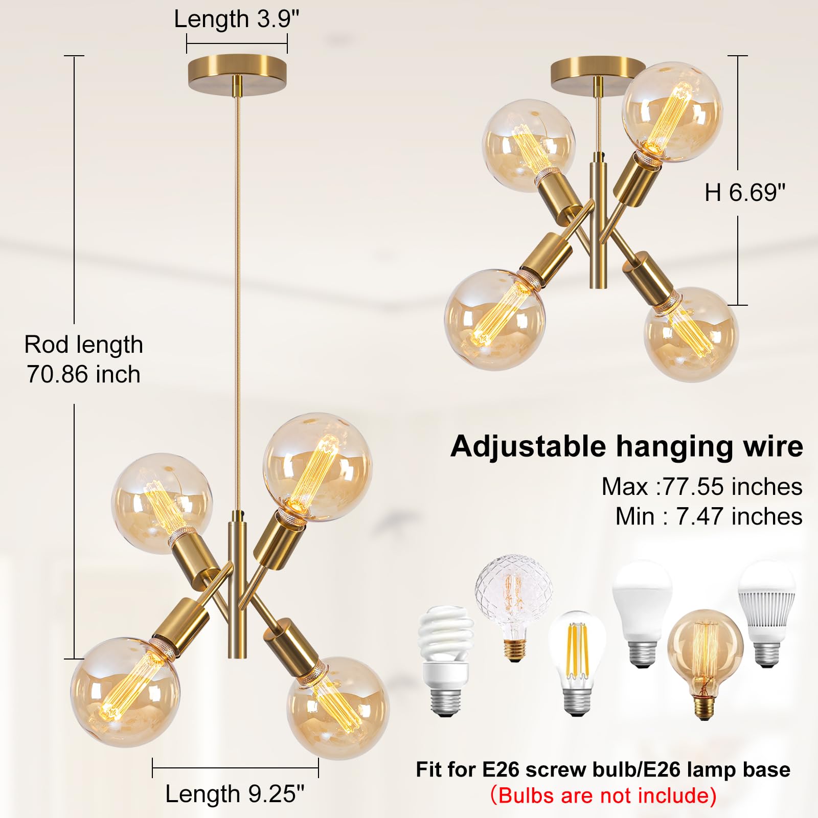 4-Lights Gold Pendant Light Fixture Dining Room Light Fixture Over Table Mid Century Modern Chandelier Gold Sputnik Chandelier for Dining Room Living Room, Bedroom, Kitchen Visit the illus illuminatio