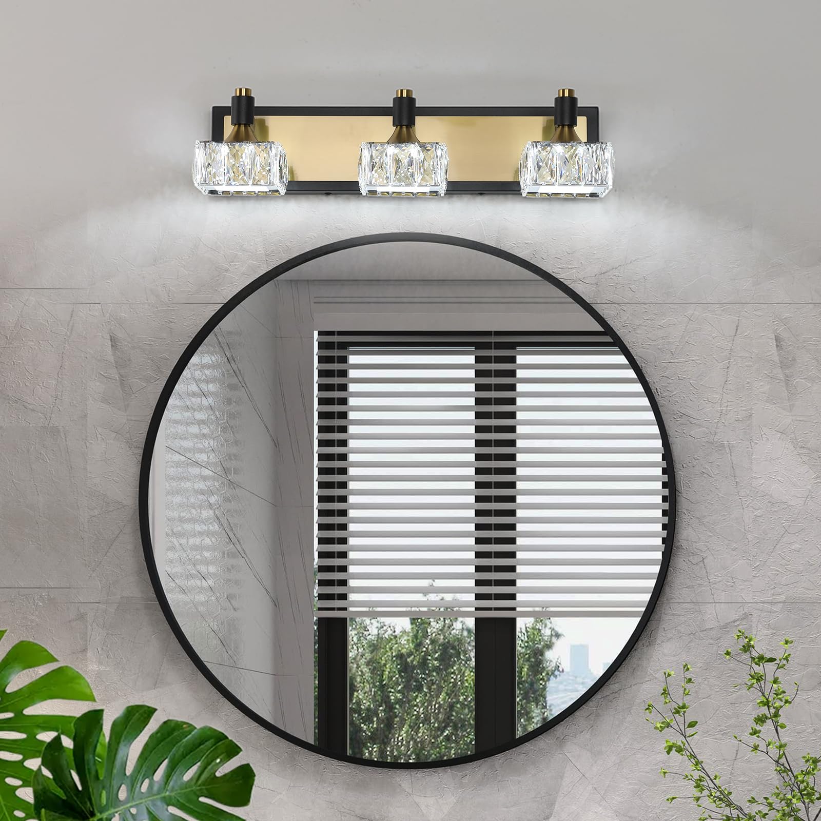 3-Light Bathroom Light Fixtures Over Mirror, Dimmable Led Bathroom Vanity Light with Crystal Shade, Black and Gold Modern Wall Sconce Light, Bathroom Lighting Fixtures Over Mirror, Bath Lamp
