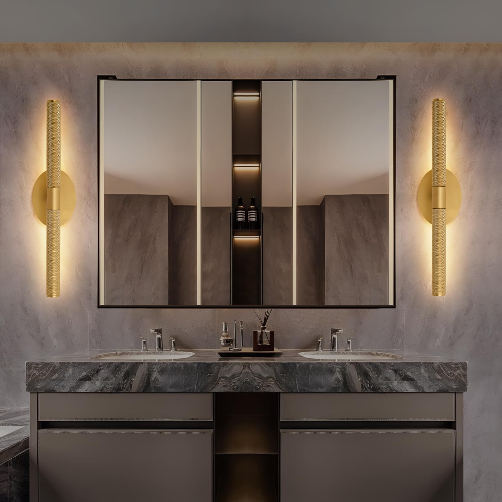 Wall Scones 19.7inch Brass Colour Vanity Mirror Lights for Pictures on Wall, Rotatable 360°Wall Lighting Linear Knurled Texture Wall Sconce, Gold Wall Lamps for Living Room Bedroom Bathroom 