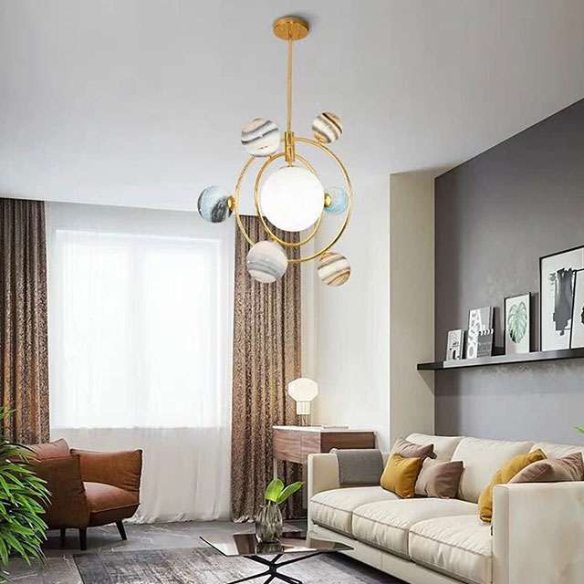 3D Planet Chandelier 7-Light Glass Pendant Lighting Gold Modern Round Hanging Lamp Fixtures with Colorful Glass Globe Shade Nordic Hanging Light