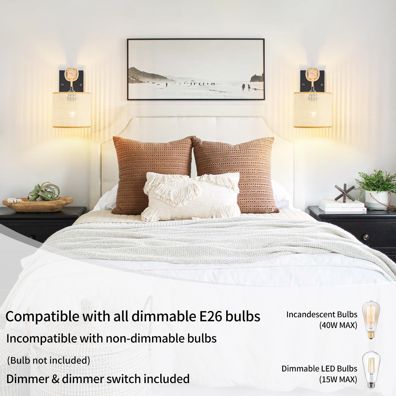 Rattan Boho Wall Sconces, Hardwired Hand-Woven Farmhouse Wall Lamps with Wooden Arm & On/Off Dimmable Switch,Rustic Indoor Wall Mount Light Fixtures for Bedroom Nursery Living Room Bathroom