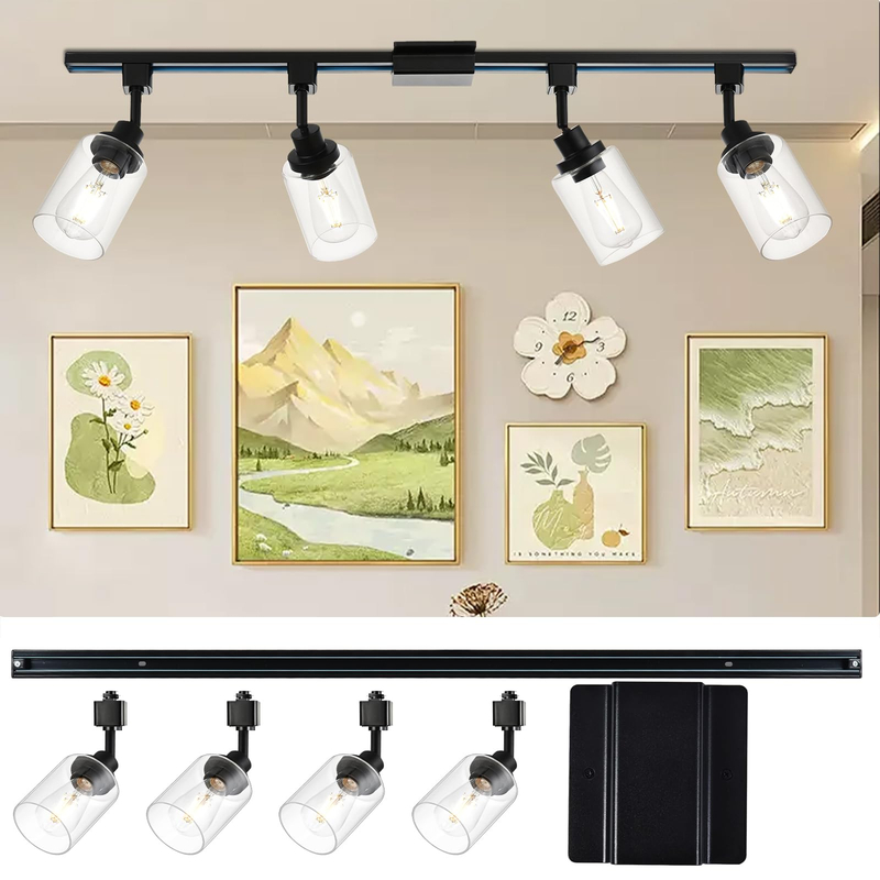 H-Type Track Lighting Heads Black with 39.3 Inches H-Type Tracking Rail, Ceiling Track Lighting Fixtures Replacement Heads with Clear Glass Shade Modern Ceiling Spotlight, E26 Bulb Base