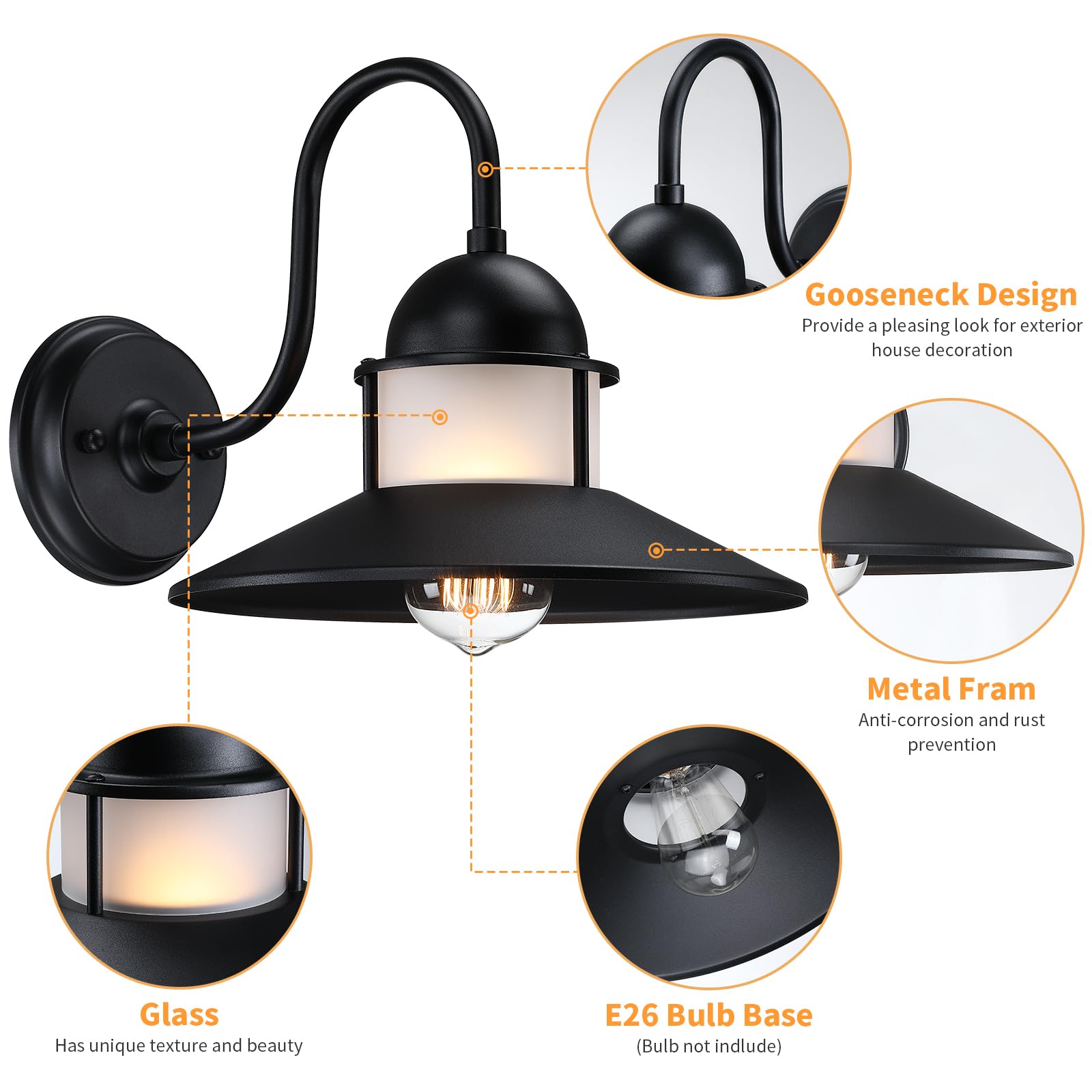 Outdoor Wall Light Fixtures Matte Black Wall Sconces, Farmhouse Barn Lights, E26 Bulb Base, Anti-Rust Waterproof Outdoor Wall Lantern Porch Lights for Entryway, Patio, Garage 