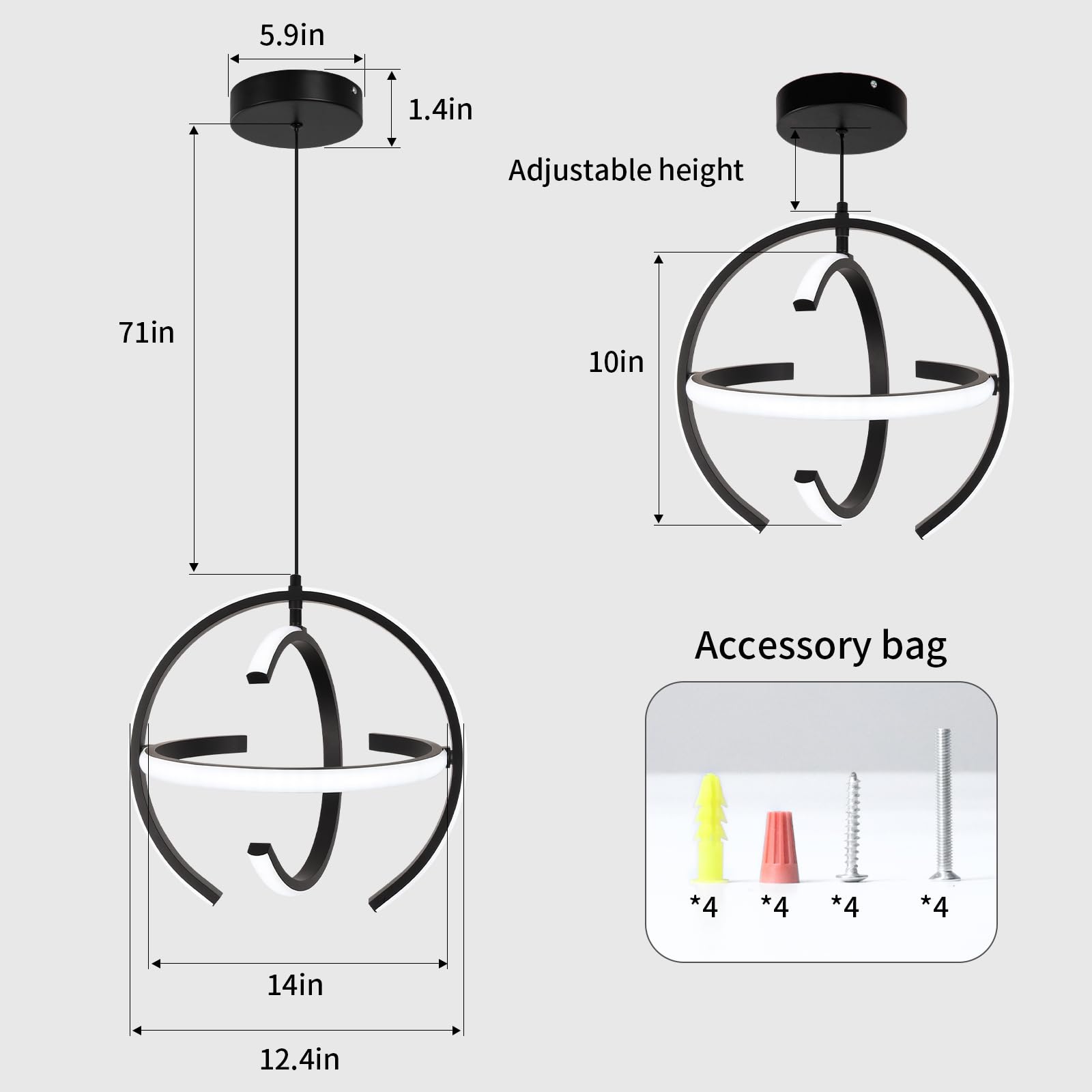 Black Modern LED Chandeliers, Dimmable Globe Pendant Lights Fixture, 13.8