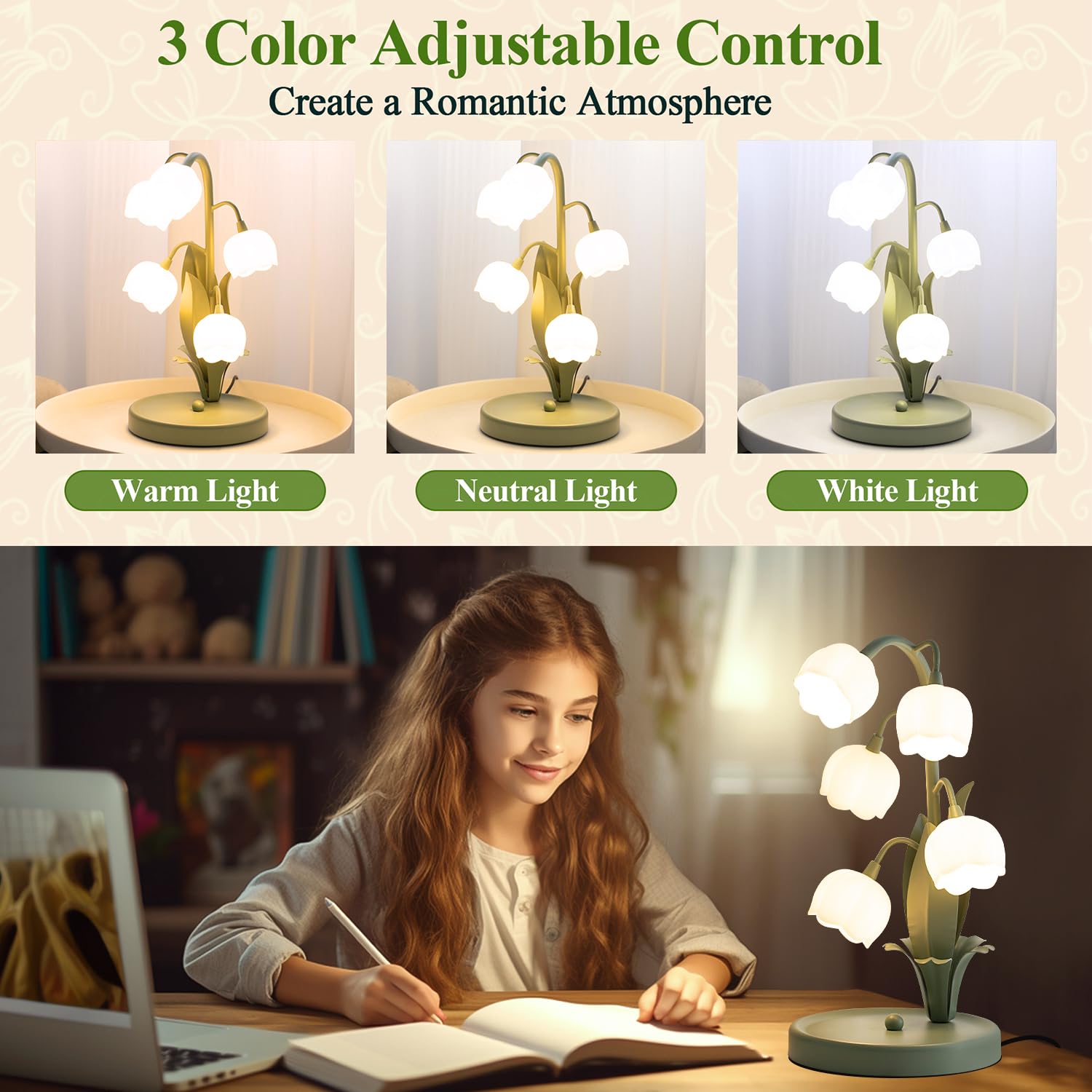 Vintage Flower Table Lamp for Home, 5 Lily of The Valley Desk Lamps 3 Color Modes Reading Lamp with G4 Led Bulbs for Bedroom, Living Room, Office 