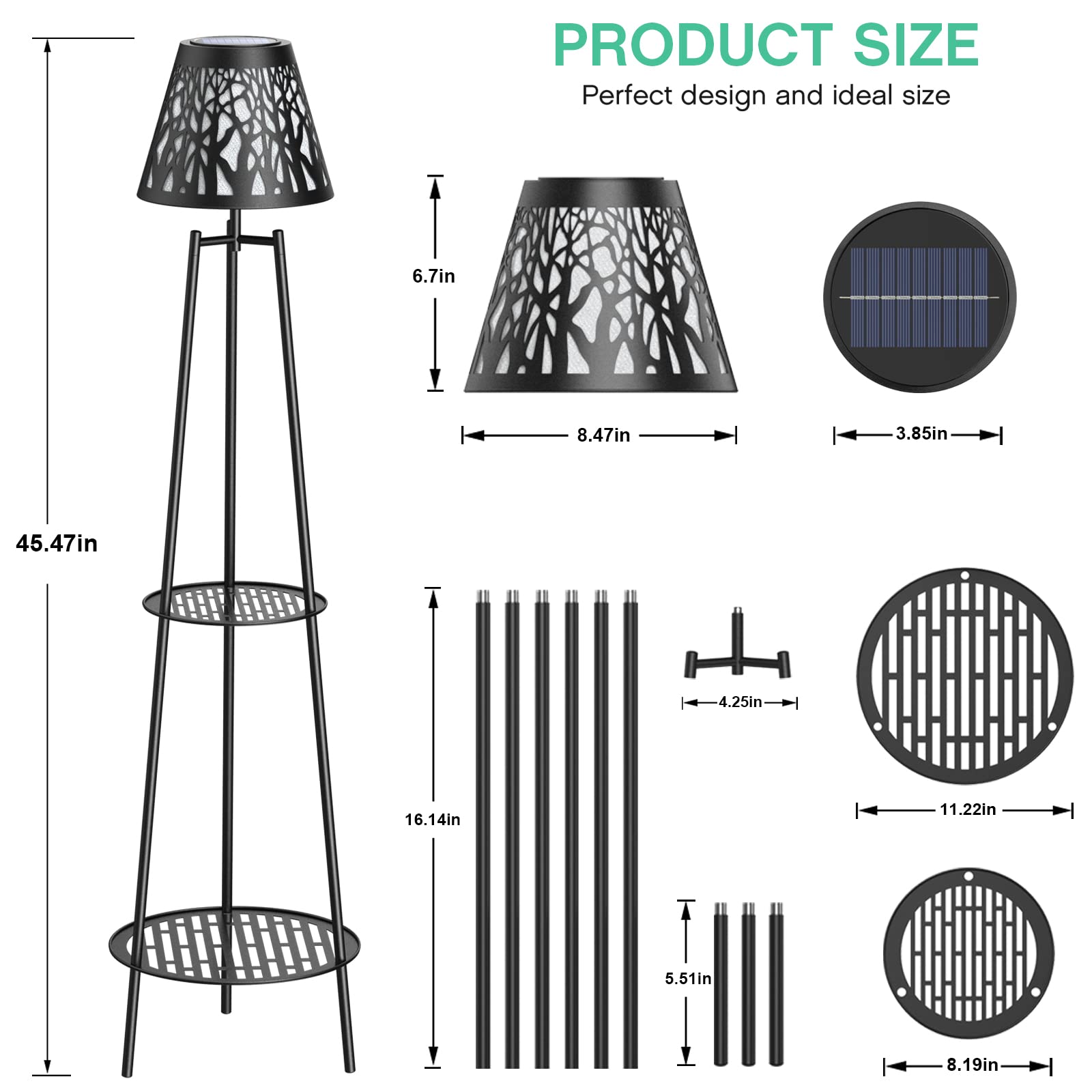45.5'' Solar Lights with 2 Tier Plant Stand, Metal Solar Floor Lamps, Solar Powered Outdoor Waterproof Lights Flower Shelf for Patio Deck Yard Garden Porch Decor 