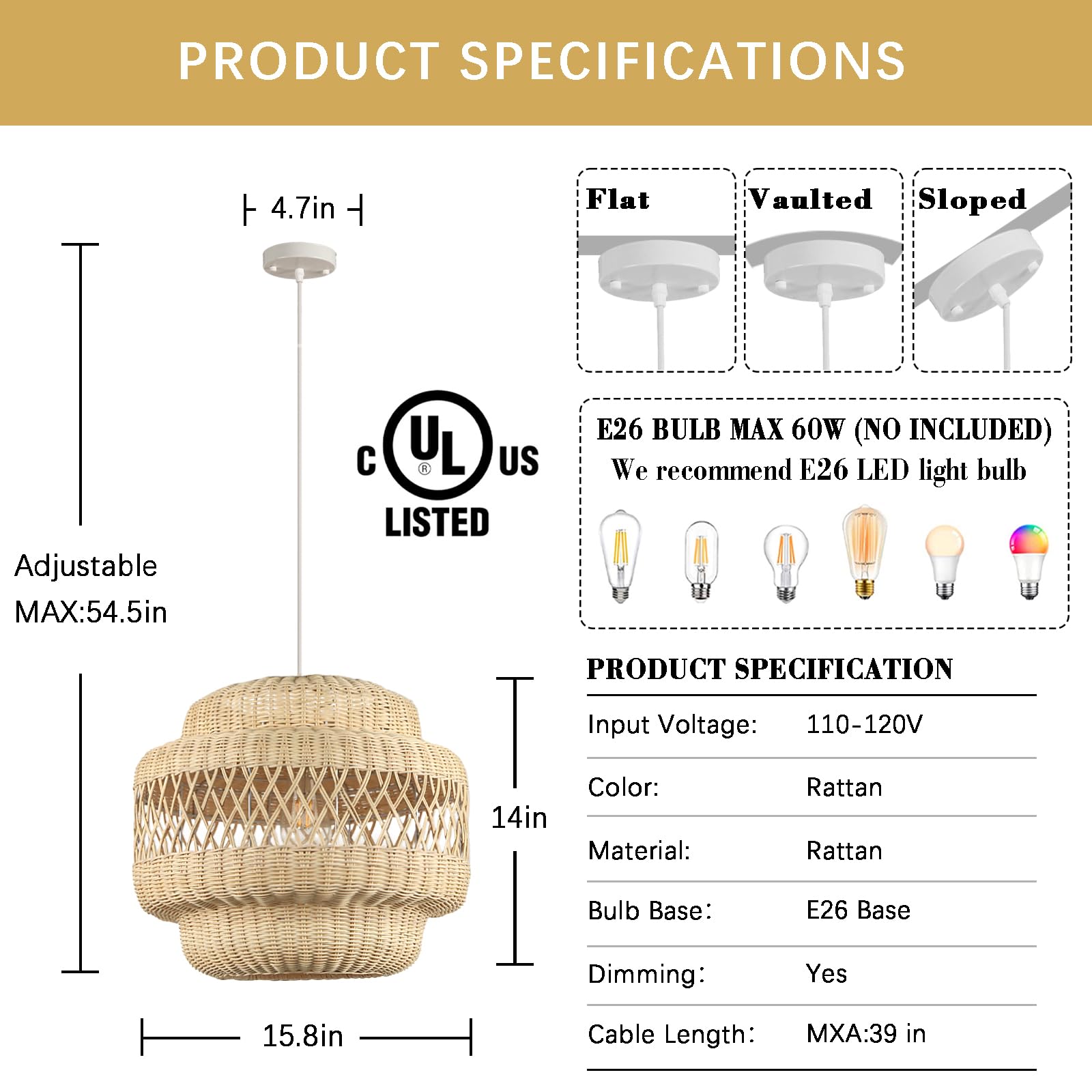 15.8" Rattan Pendant Light Kitchen Island, Boho Lights Fixture Wicker Dining Room Lighting Farmhouse Hand-Woven Chandeliers Weaving Hanging Ceiling Lighting for Restaurant Living Room Foyer 