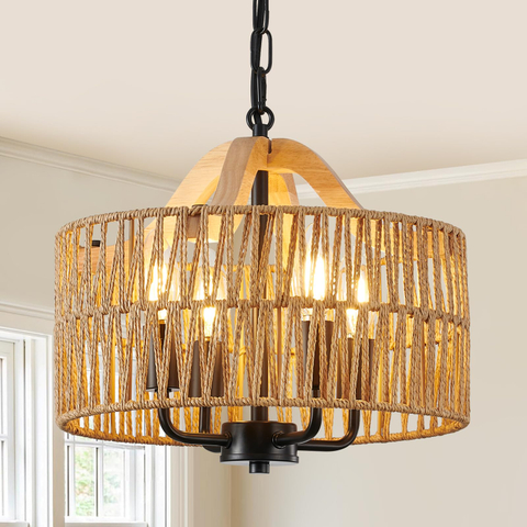 Antique Dining Room Light Fixture, 4-Light Rattan Pendant Light with Drum Shade, Adjustable Woven Wicker Ceiling Hanging Light, Farmhouse Boho Chandelier for Living Room Kitchen Island 