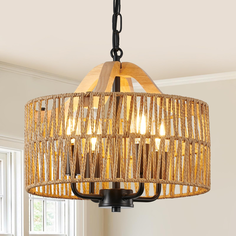 Antique Dining Room Light Fixture, 4-Light Rattan Pendant Light with Drum Shade, Adjustable Woven Wicker Ceiling Hanging Light, Farmhouse Boho Chandelier for Living Room Kitchen Island 