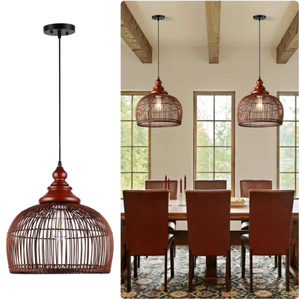 Rattan Pendant Light Kitchen Island, 15.8" Boho Dining Room Light Fixture Hand-Woven Wicker Chandelier Farmhouse Weaving Lighting Coastal Ceiling Hanging Lights for Living Room Restaurant 