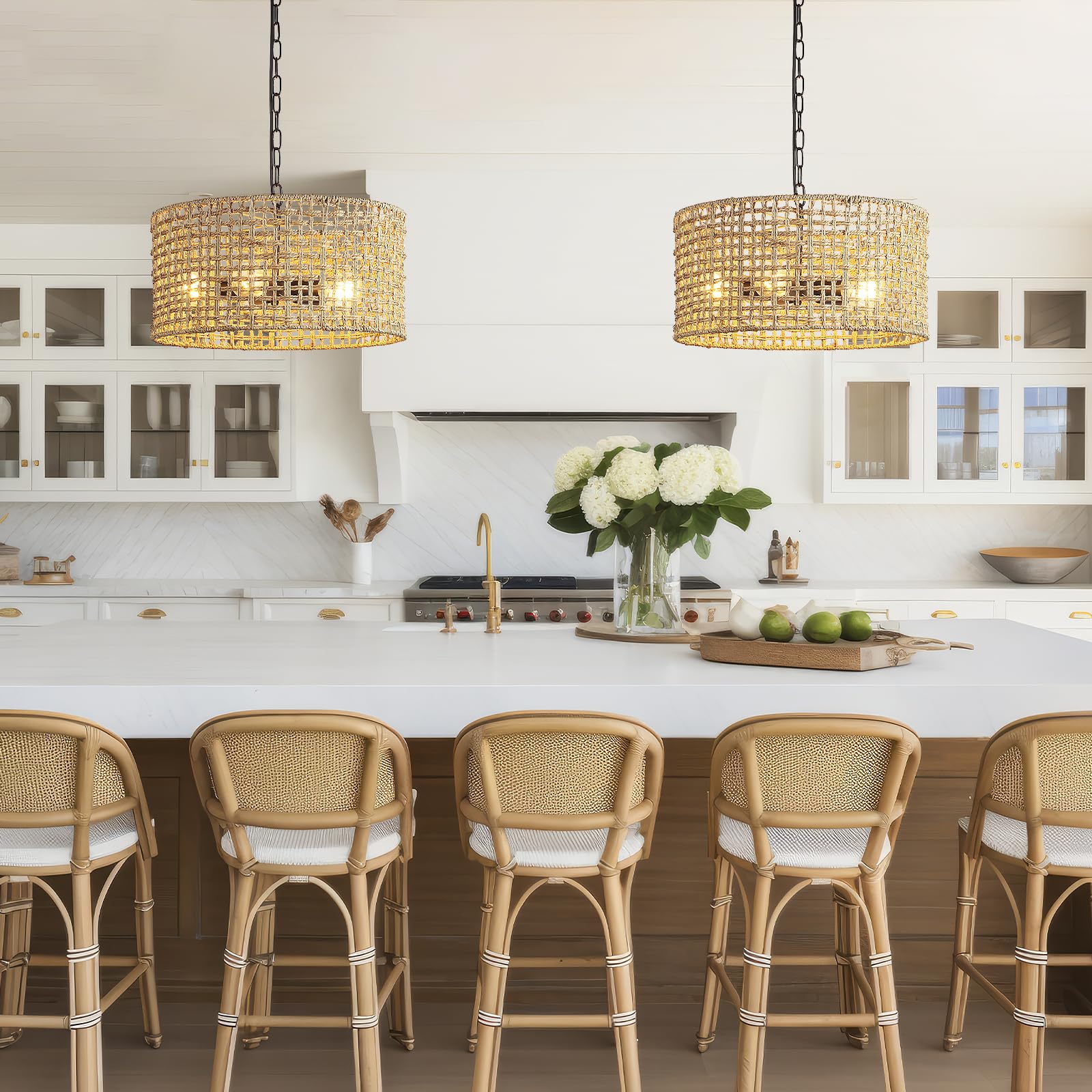 17.7" Rattan Dining Room Light fixtures, 5-Light Hand Woven Pendant Lights Kitchen Island Rattan Boho Chandelier Bohemian Hanging Ceiling Lights Wicker Lighting for Restaurants Living Room 