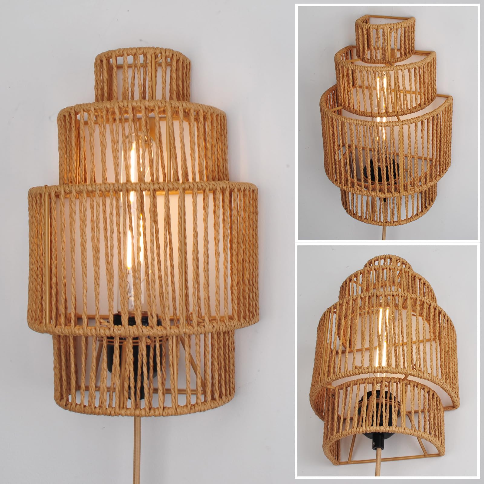 Plug-in Wall Sconce, Handwoven Bohemian Wall Decor with Switch and Bulb, Wall Lights Fixtures for Bedroom Living Room Hallway Porch 