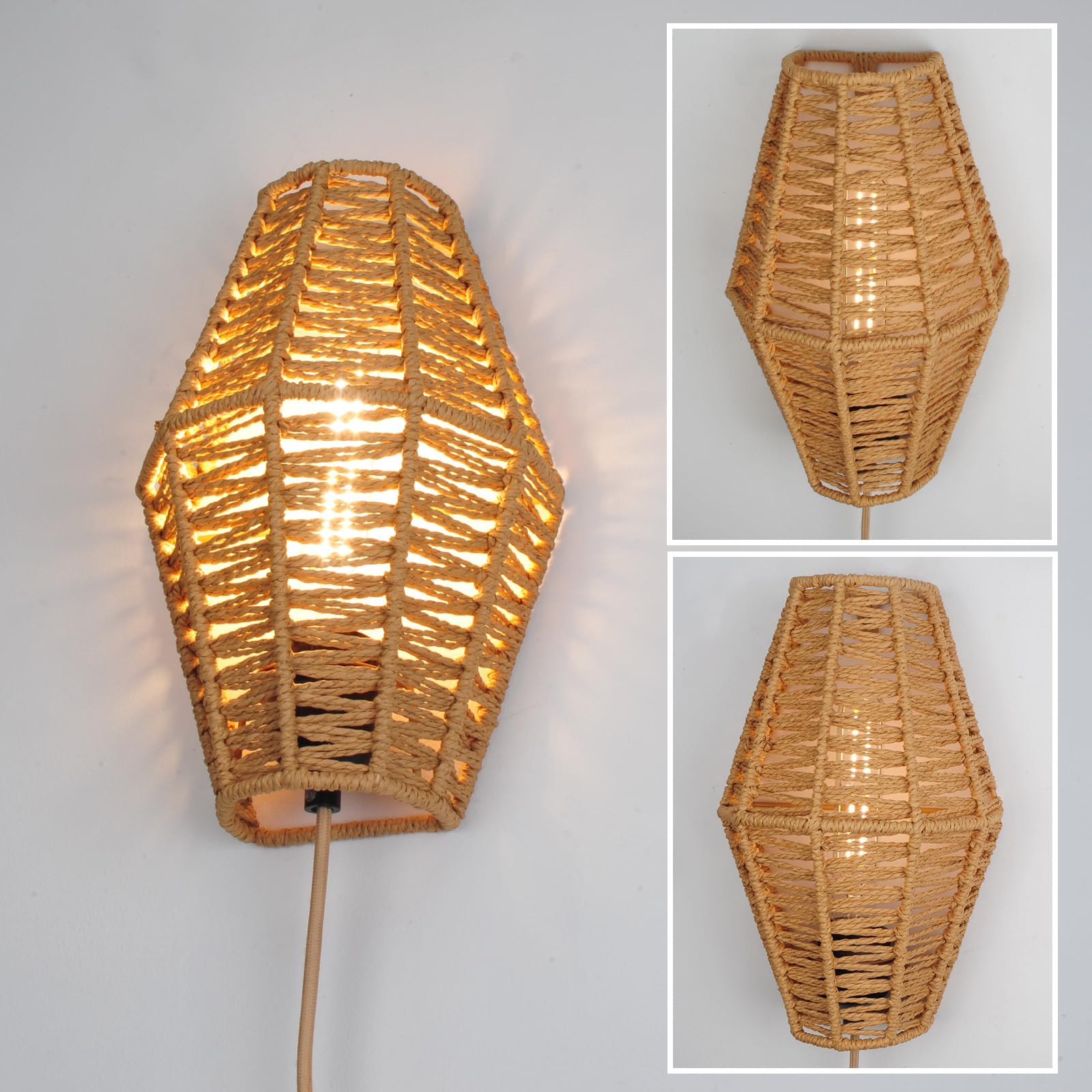 Plug-in Wall Sconce Handwoven Bohemian Wall Decor with Switch and Bulb, Wall Lights Fixtures for Bedroom Living Room Hallway Porch 