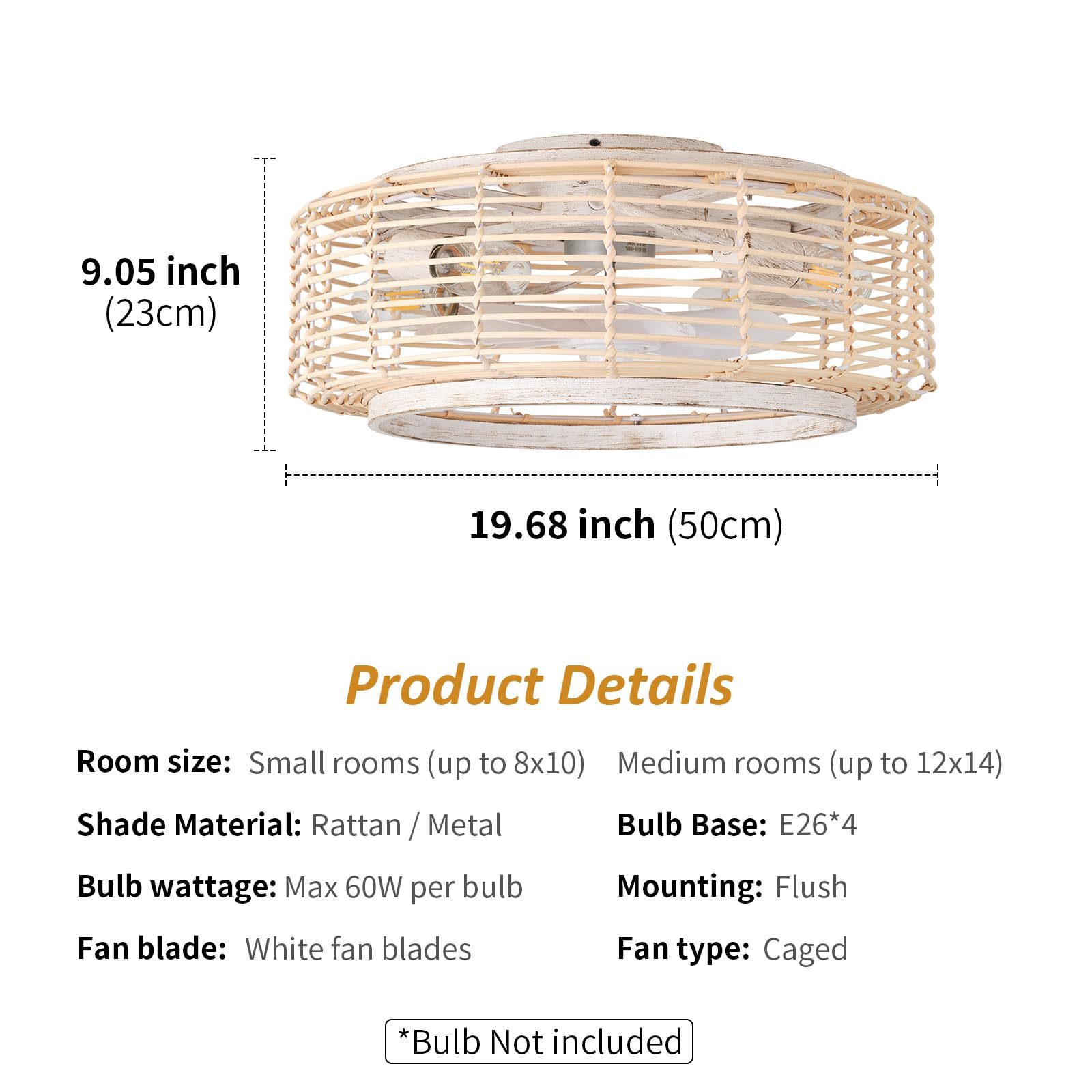 20 Inch Boho Rattan Ceiling Fan with Light,Flush Mount Ceiling Fan with Light and Remote Control,Enclosed 6-Speed Reversible Motor for Bedroom, Kitchen, Dining Room 