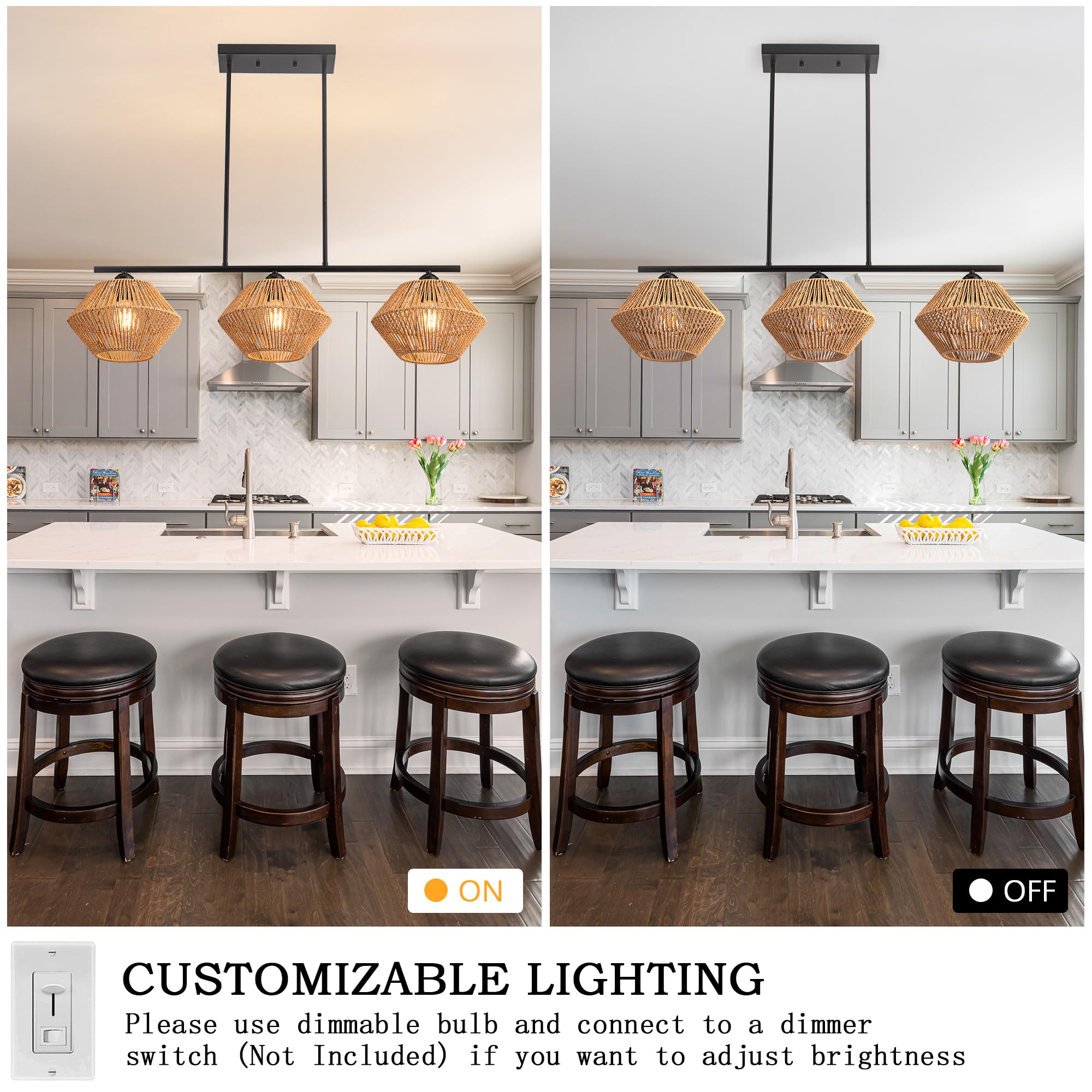 3-Light Rattan Chandeliers for Dining Room, Boho Light Fixture with Hand-Worked Woven Cage Lampshade, Farmhouse Kitchen Island Lighting Fixtures for Dining Room, Living Room 