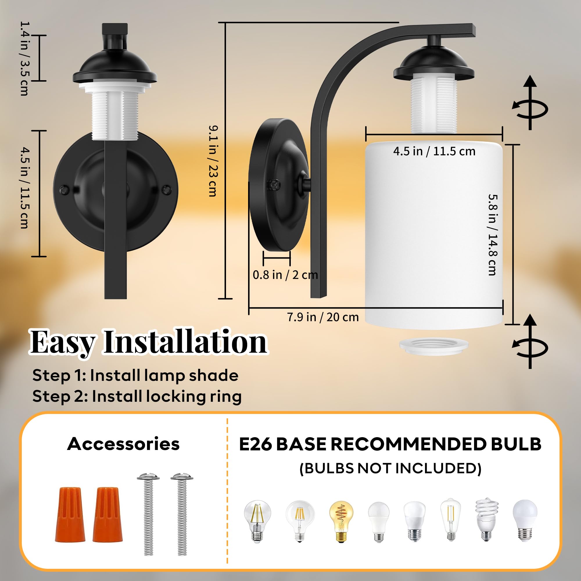 Wall Sconces Lights Lamp for Bedroom Bathroom, Modern Vanity Light Fixtures, Matte Black Farmhouse Wall Mount Lighting Lanterns with Glass Shade for Living Room Mirror Hallway Kitchen 