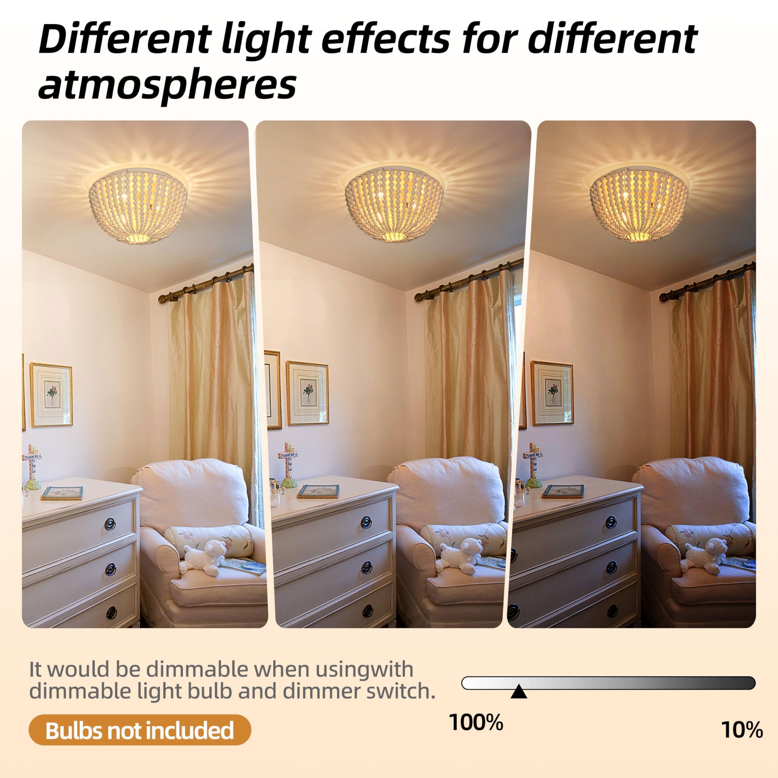 3 Light 12.6 Inch Boho Light Fixtures Ceiling Wood Beaded Flush Mount Ceiling Light Bohemia Wood Beaded Chandelier Farmhouse Boho Chandelier Light Fixture for Dining Room 