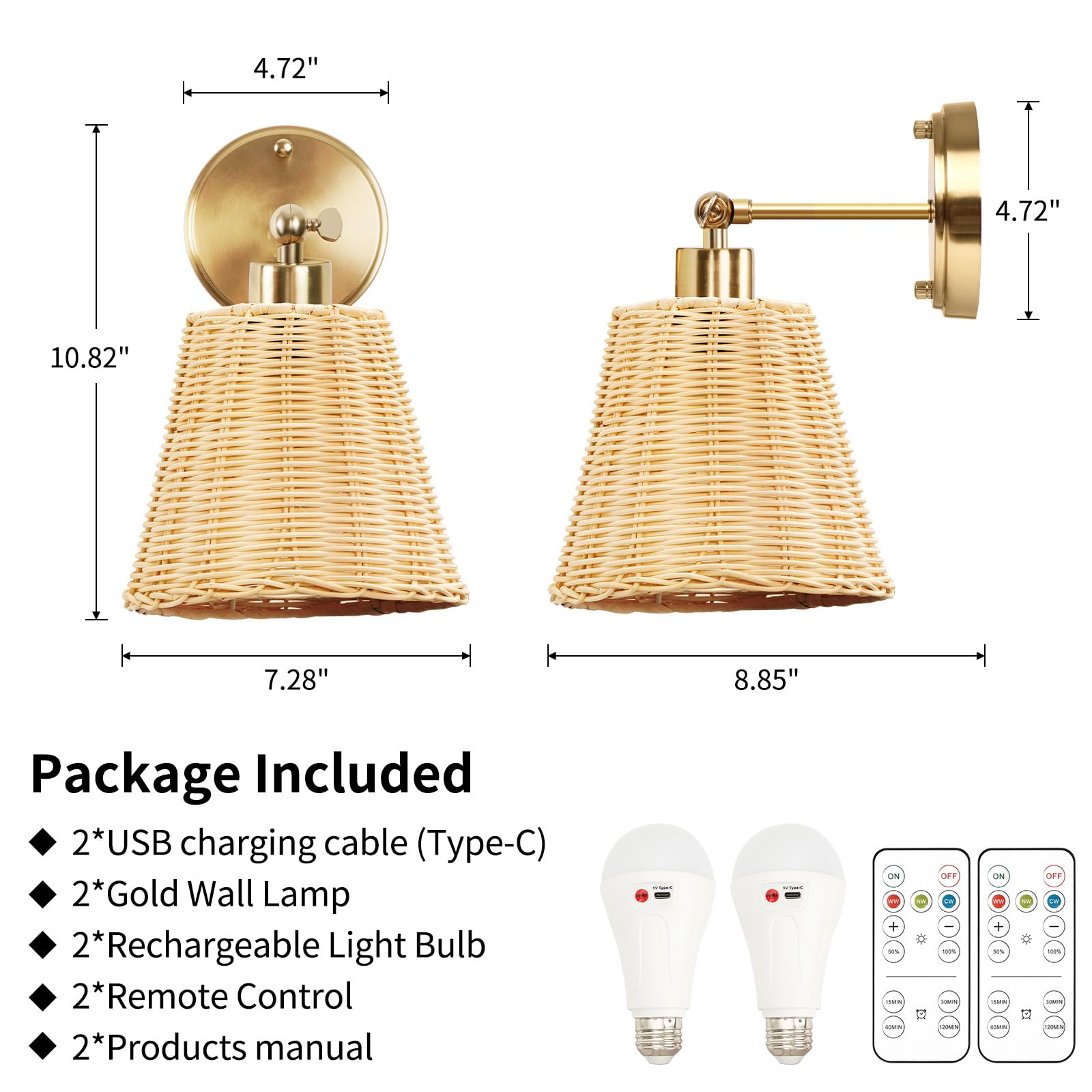 Rattan Rechargeable Battery Operated Wall Sconces Set of Two with Remote, 3 Colors Dimmable Wireless Wall Light, 5200mAh Indoor Wall Lamp with 4 Timer, Boho Sconces Wall Lighting for Bedroo