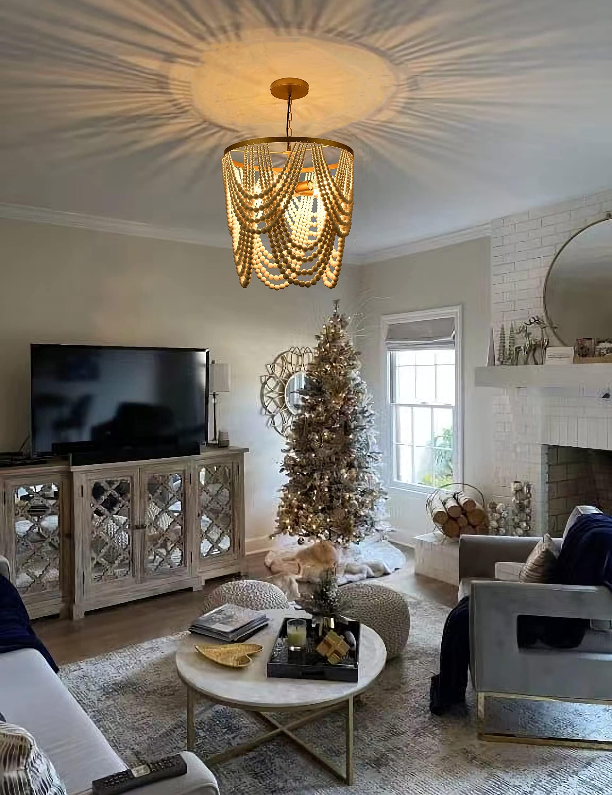 Bohemia Wood Beaded Chandelier Boho Chandelier Gold and Oak Finish Beaded Light Fixture for Dining Living Room,Bedroom, Nursery Room, Girl Room, Hallway, Entryway, Passway, 5-Light 
