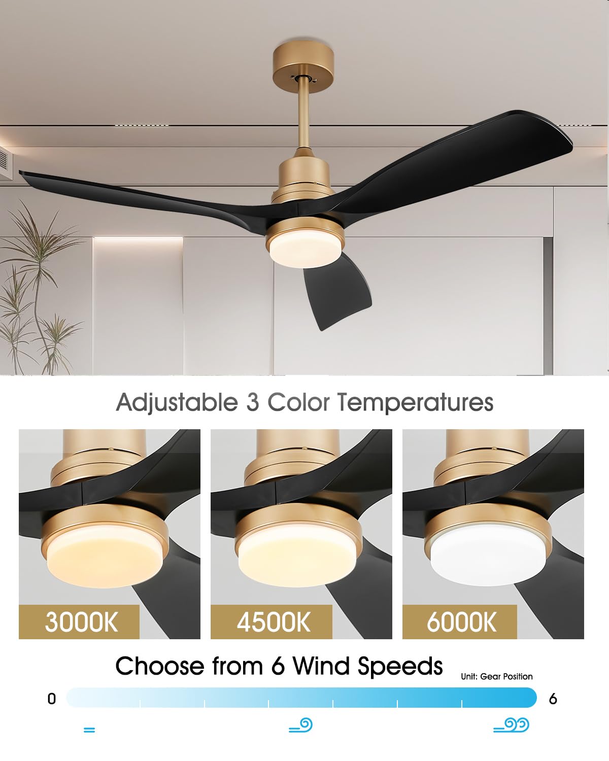 Modern Black and Gold Ceiling Fan with Lights and Remote, ETL Listed, 3 Downrods, 3 Blade Gold Black Ceiling Fans, Reversible Quiet DC Motor, 3 Timer for Outdoor Patio Waterproof Bedroom 