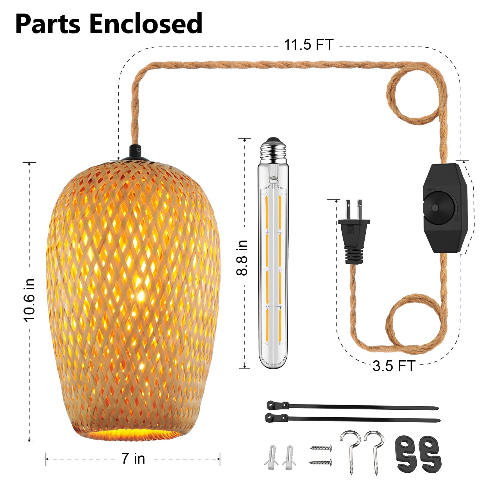 Plug in Pendant Light Handwoven Bamboo Pendant Lamp Boho Modern Wicker Hanging Lights Rustic Country Natural Basket Hanging Lamp for Kitchen Study Bedroom Cafe