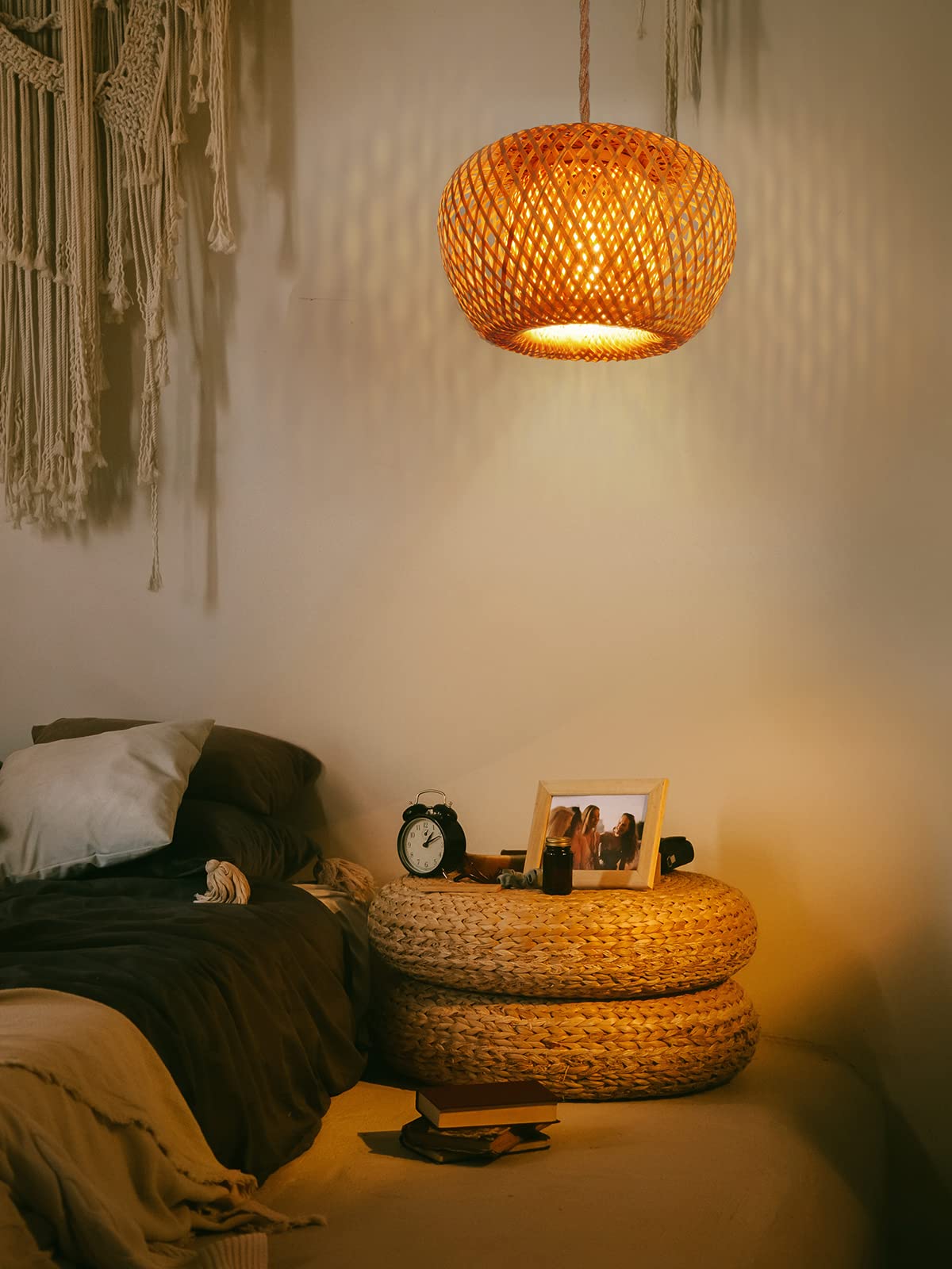 Plug in Pendant Light Fixture with Hand Woven Bamboo Lamp Shade Dimmer Switch Hanging Lights with Plug in Cord Boho Wicker Rattan Hanging Lamp for Living Dinning Room Bedroom Kitchen Island 