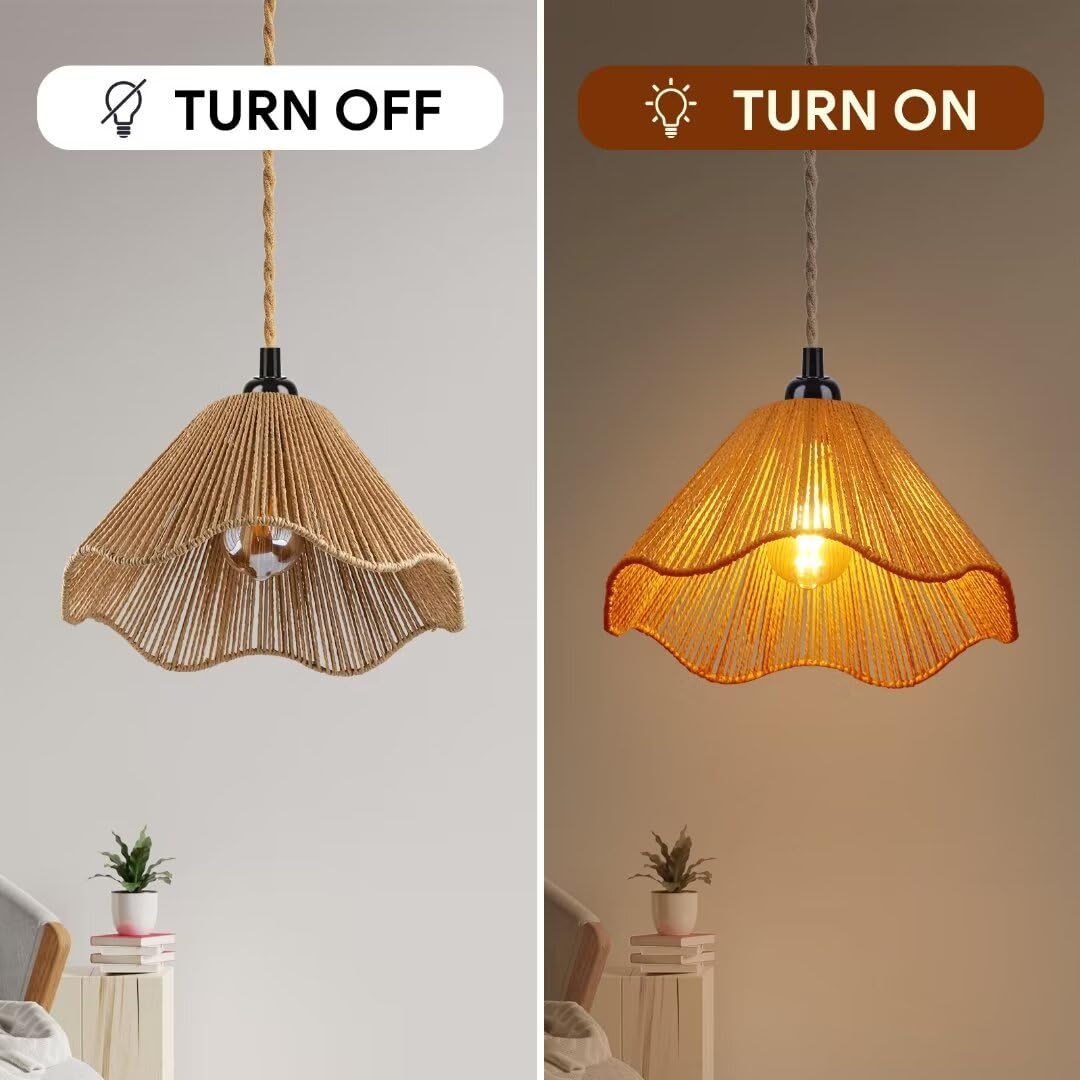 Plug in Pendant Light, Rattan Hanging Lights with Plug in Cord 15FT Cord On/Off Switch Vintage Hanging Lamp, Hand Woven Boho Chandelier for Bedroom, Living Room, Kitchen