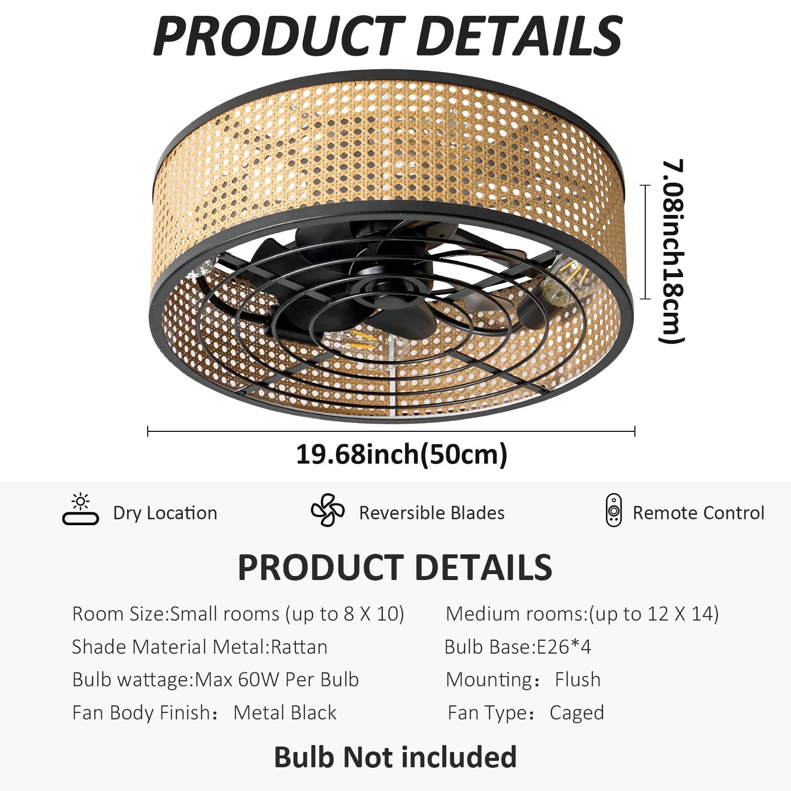 Rattan Boho Ceiling Fan with Light Flush Mount, 20 Inch Caged Ceiling Fans with Light and Remote Control, Low Profile Enclosed 6 Speeds for Bedroom Kitchen Living Room 