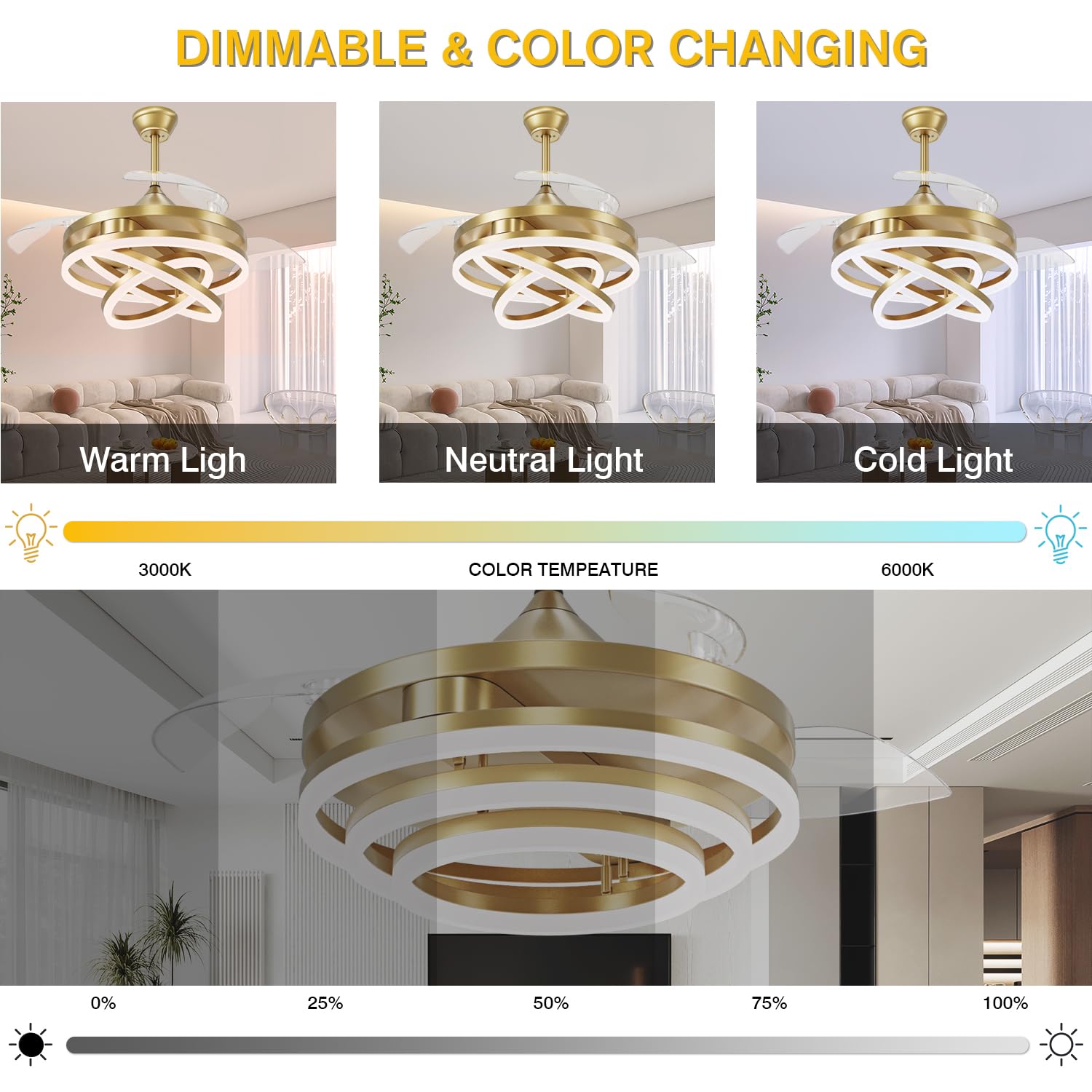 Retractable Ceiling Fan, 42 Inch Chandelier Ceiling Fan with Light, Modern Fandelier Ceiling Fan for Bedroom Living Room Dinning Room, Reverse Motor, 3 Color, 6 Wind Speed