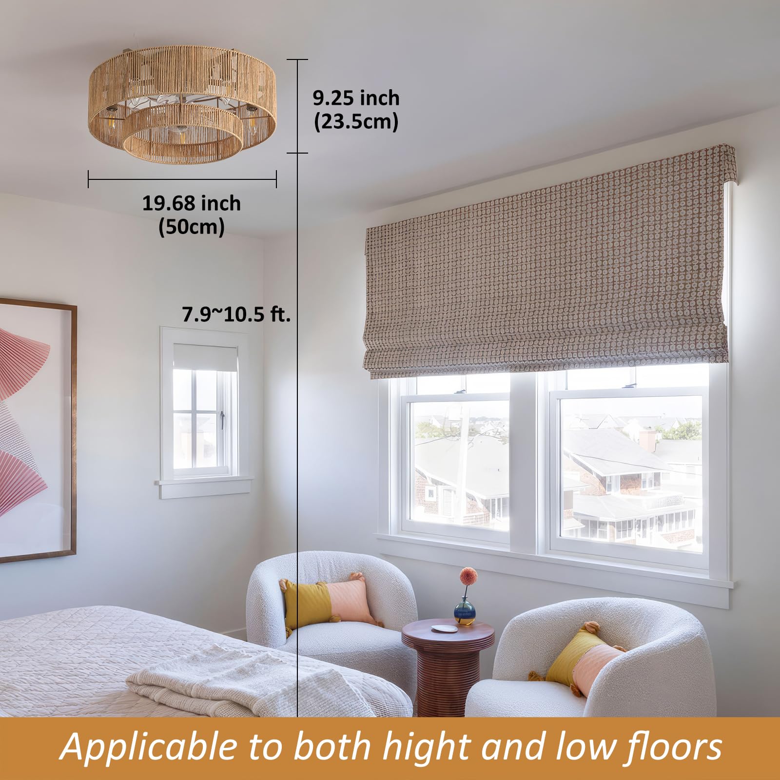 20 Inch Boho Caged Ceiling Fans with Lights Flush Mount, Layered Rattan Ceiling Fan with Light Remote Control with Reversible 6 Speeds for Bedroom, Nursery, Living Room, E12 Base
