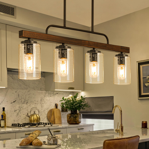 Farmhouse Dining Room Light Fixture, 4-Light Wood Kitchen Island Lighting, Industrial Chandeliers for Dining Room Over Table Black Pendant Light with Seeded Glass Shade for Bar Restaurant 