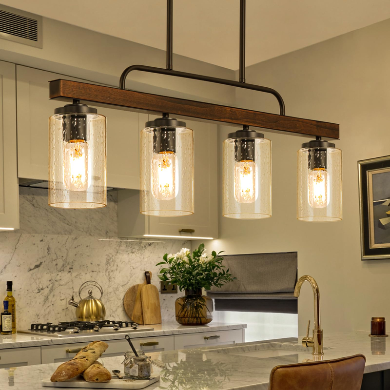 Farmhouse Dining Room Light Fixture, 4-Light Wood Kitchen Island Lighting, Industrial Chandeliers for Dining Room Over Table Black Pendant Light with Seeded Glass Shade for Bar Restaurant 
