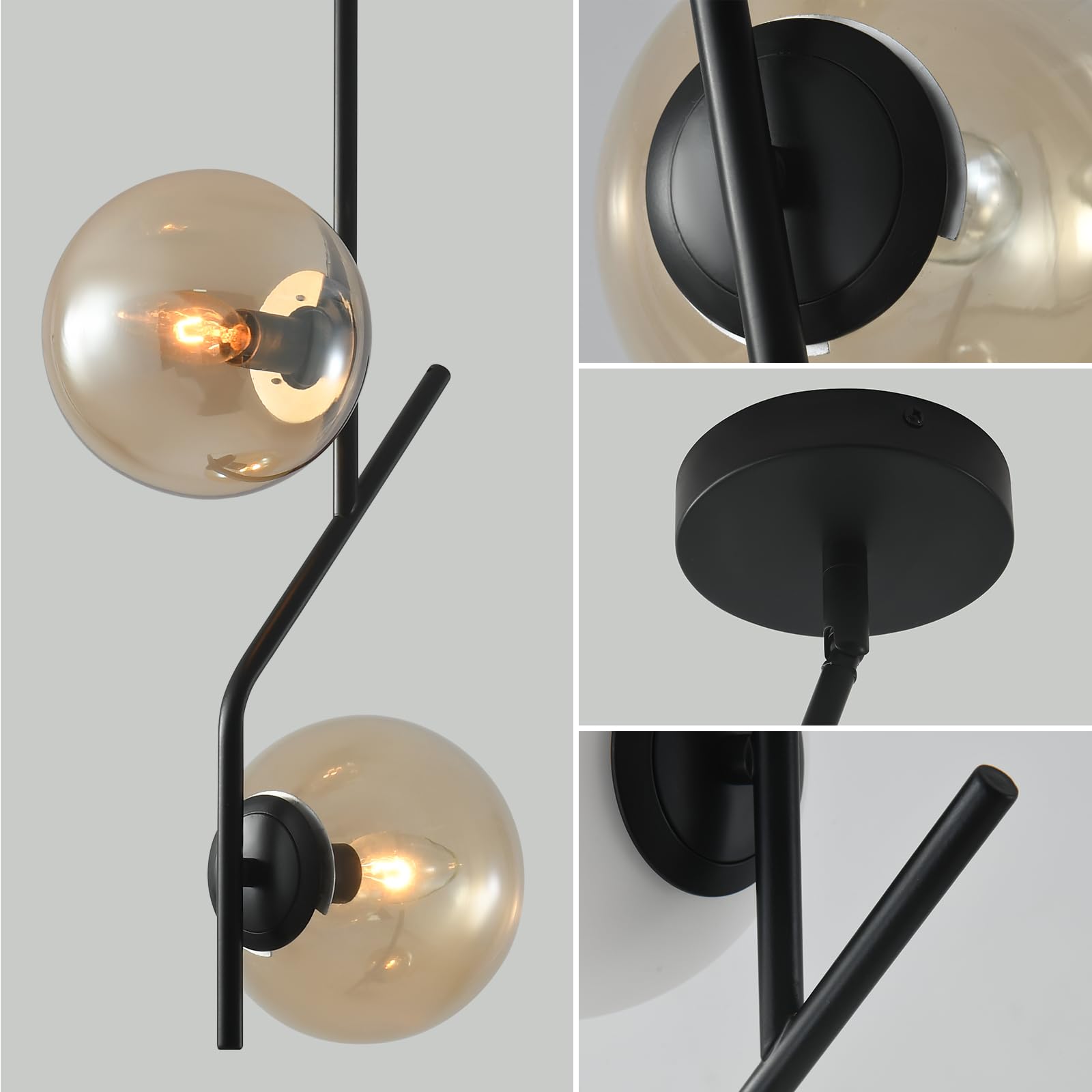 Pendant Light with Amber Glass Lampshade Mid Century Pendant Light Fixture Modern Chandelier for Kitchen Island,Bedroom,Dining Room 