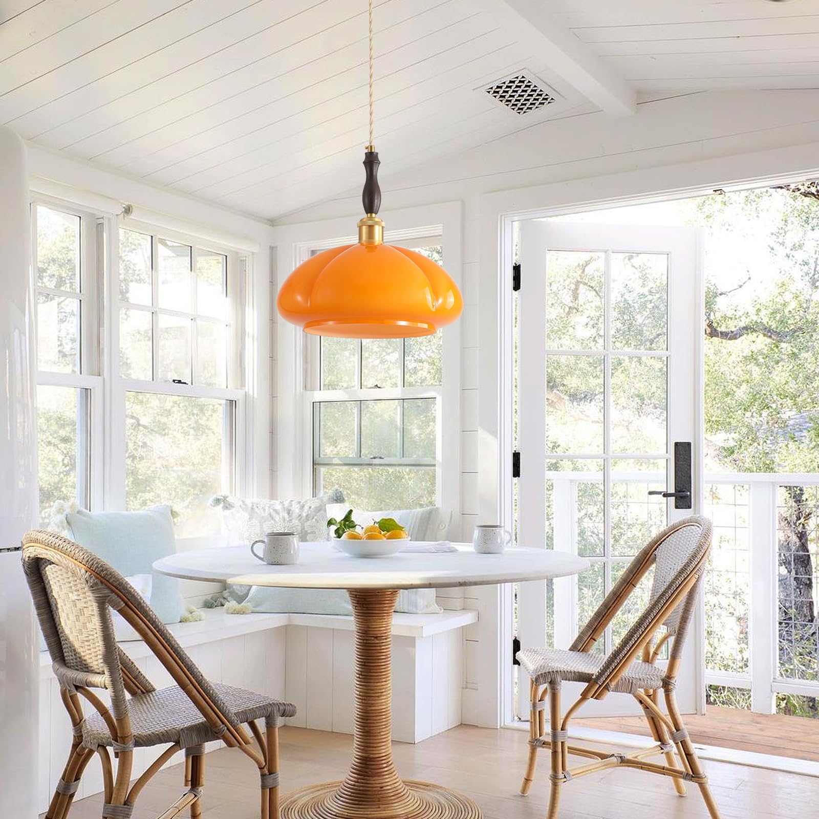 Glass Antique Gold Plug in Pendant Light Fixture with 14ft Handmade Woven Light Cord, Dimmable Switch, Vintage Orange Glass Round Brass Hanging Lamp for Kitchen Island Farmhouse Dining Room 