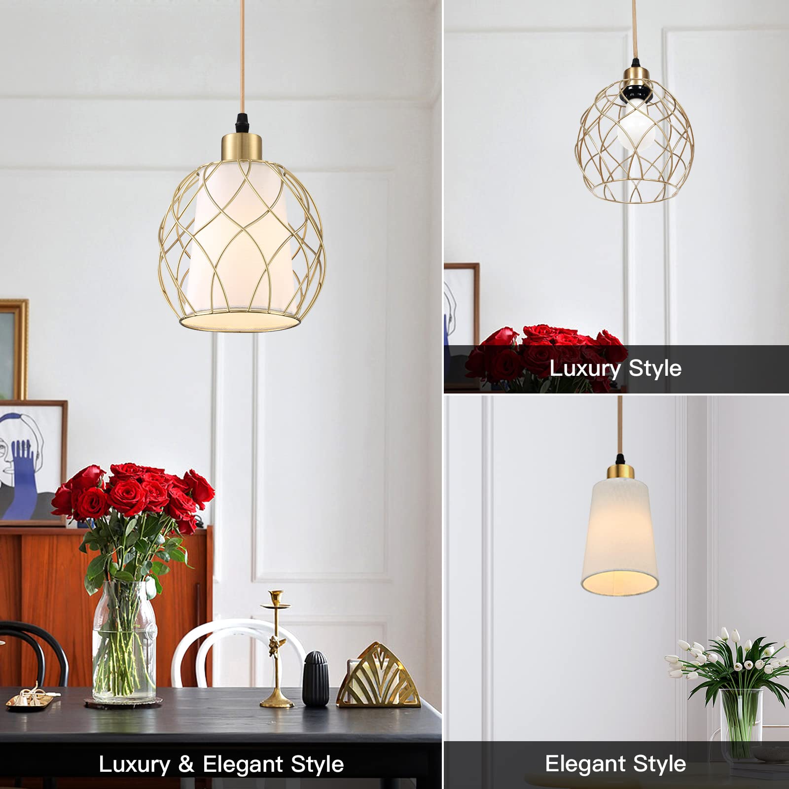 Plug in Pendant Light,Hanging Light with Plug in Cord,Black Hanging Lamp with Dimmable Switch,15 ft Golden Cotton Cord,Hanging Light Fixture for Kitchen Living Room Bedroom (Bulb Included) 