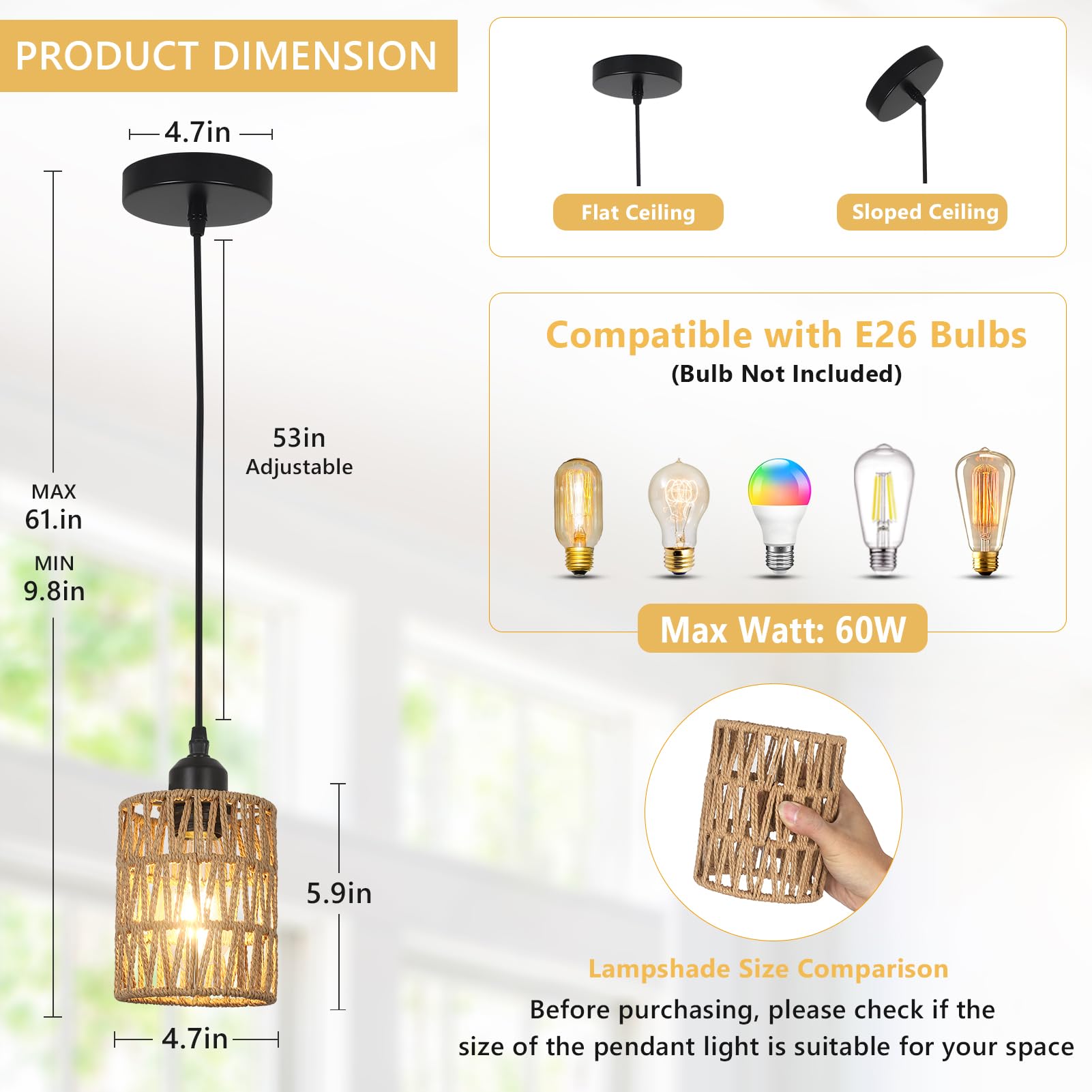 Rattan Pendant Lights Kitchen Island, Farmhouse Pendant Lighting with Hand Woven Wicker Shade, Boho Chandelier Light Fixtures Ceiling Hanging for Dining Room Bedroom Foyer Hallway 
