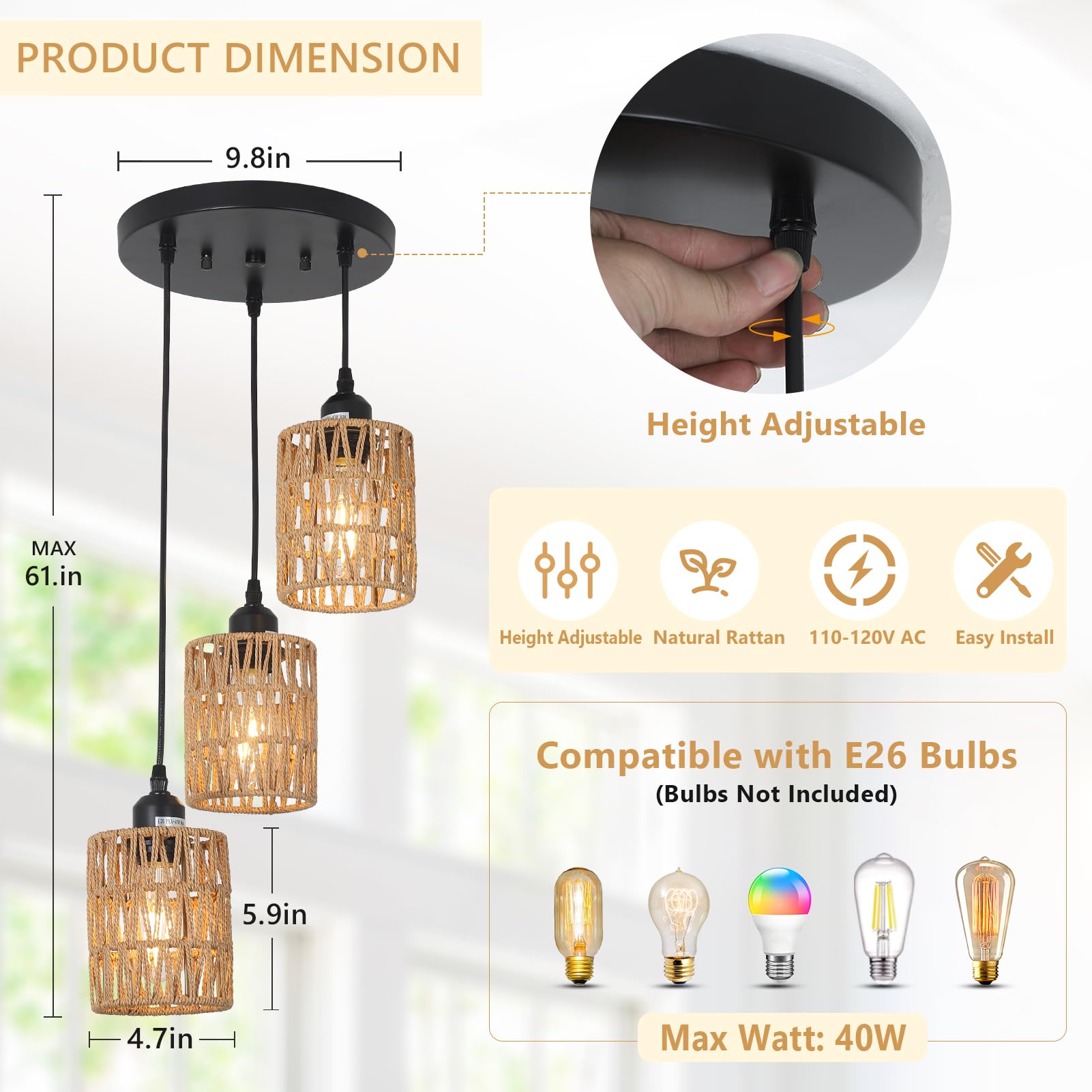 3 Lights Rattan Pendant Light, Farmhouse Dining Room Light Fixtures Ceiling Hanging, Boho Pendant Lighting with Hand Woven Wicker Shades for Kitchen Island Living Room Bedroom Foyer Hallway 