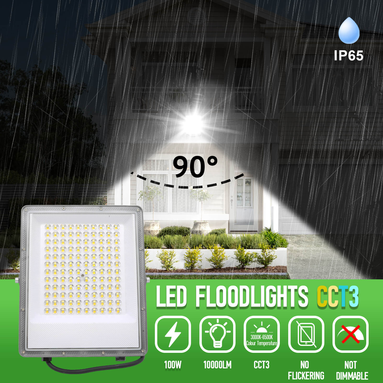 100W Led Floodlight Outdoor 10000LM Safety Lamp Waterproof IP65 Security Light Work Lighting 3CCT(3000K-4000K-6500K) Led Flood Light for Garage, Garden, Backyard