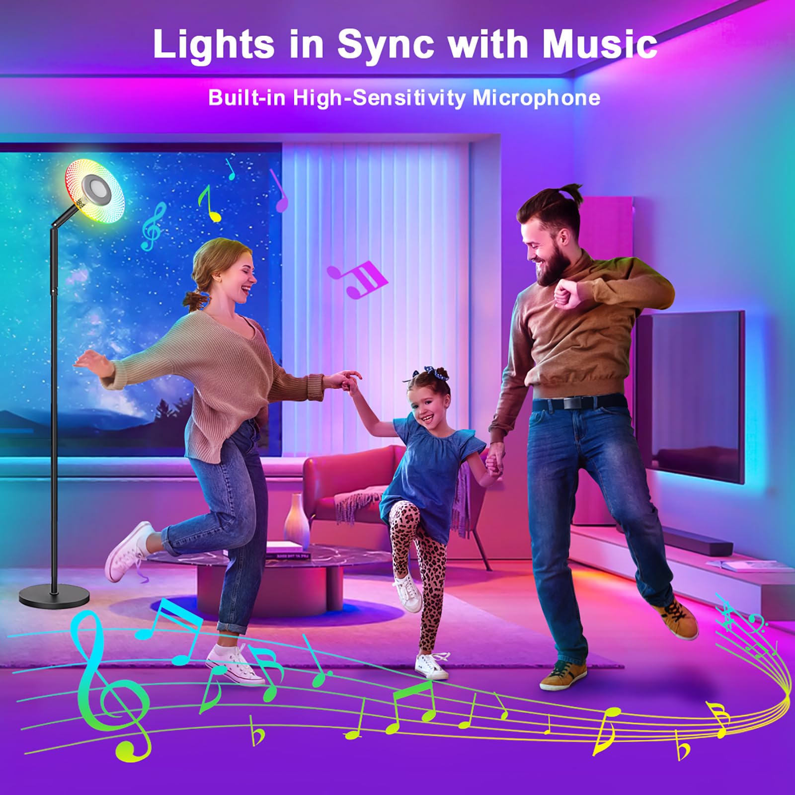 Floor Lamp for Living Room, RGBW Modern Floor Lamp with Music Sync, App & Remote Control, LED Tall Standing Lamp for Office, Bedroom, Gaming Room